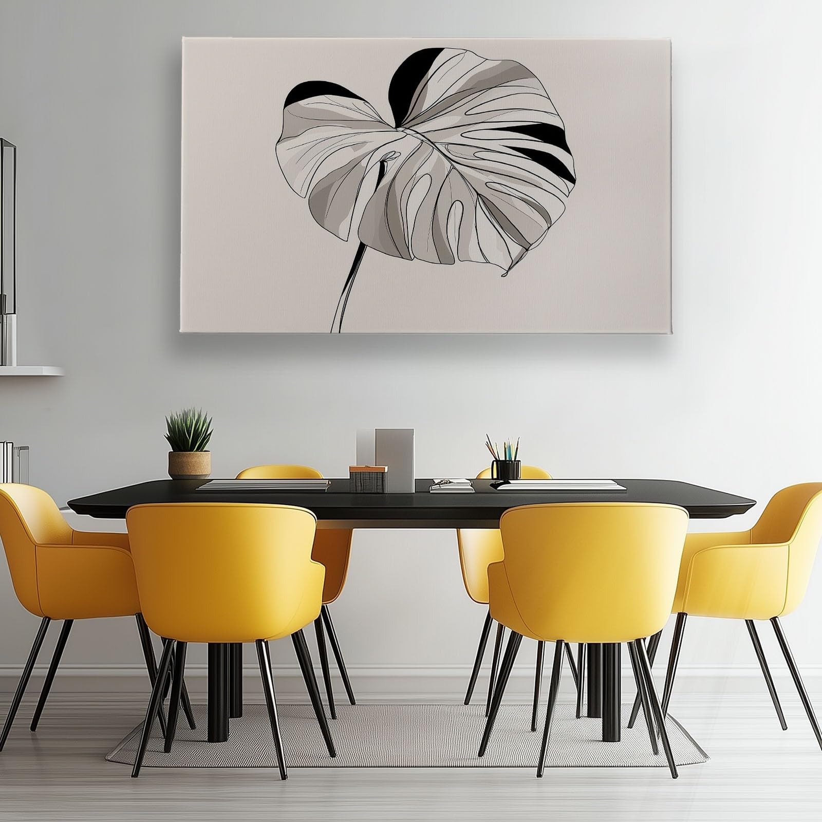 Vintage Pflanzen Monstera Blatt Streifen Modernes Leinwandbild 90L x 60B cm mit Rahmen, Minimalistisch XXL Wanddeko für Wohnzimmer Geschenk Idee Einzug - Hochwertiger Kunstdruck auf Holzrahmen