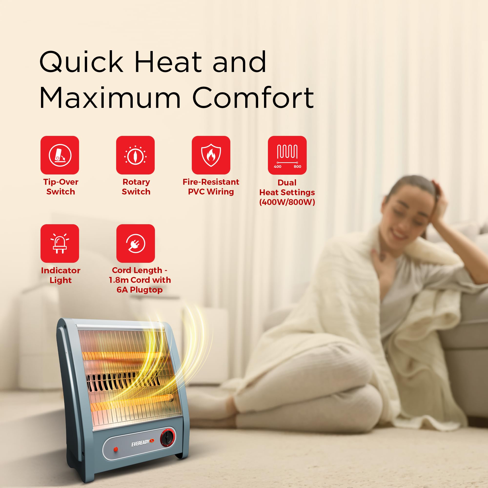 Eveready Pyrowarm 800W Quartz Room Heater with Dual Heating Elements, Tip-Over Protection, Fast Heating for Home & Office 3