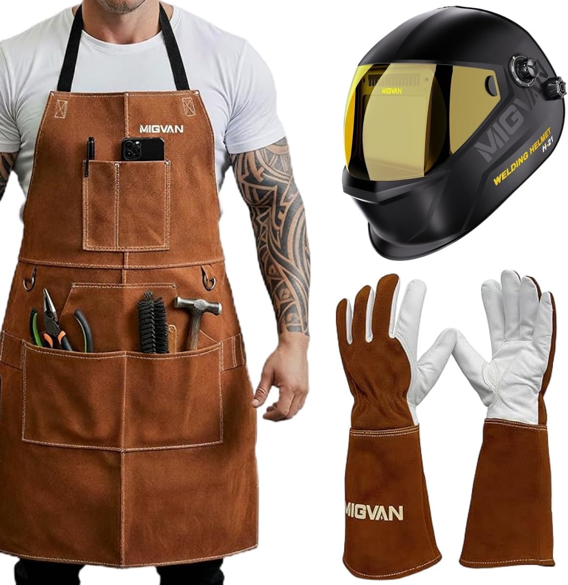 Welding Helmet Auto Darkening H-21, Leather MIG Welding Gloves 16 Inches, Leather MIG Welding Work Apron, Comprehensive Set Simplifies The Welding Tasks.