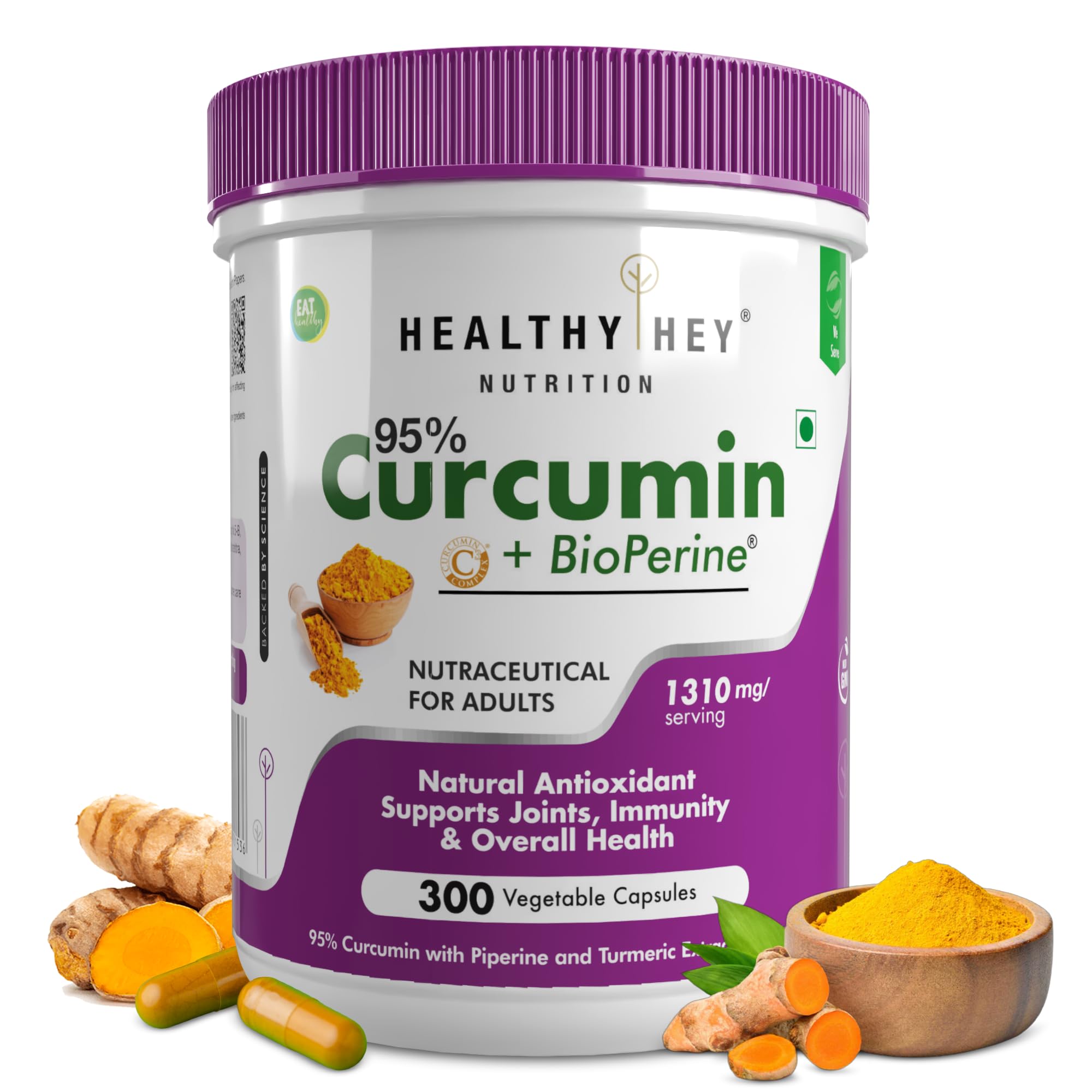 HealthyHey Nutrition Curcumin with Bioperine 1310mg (Ultra Pure) | Organic Turmeric, 300 Vegetable Capsules with Piperine