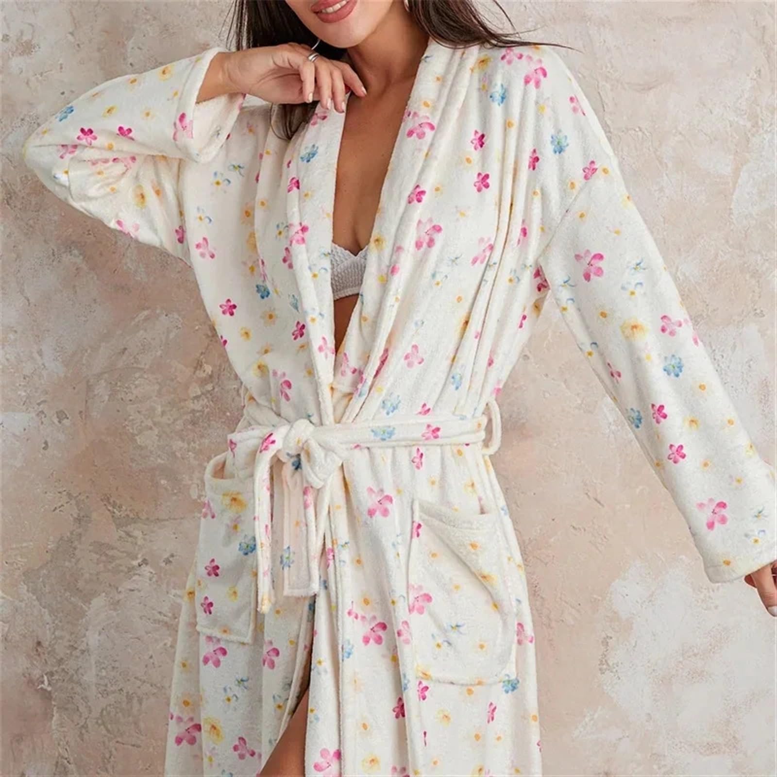Accappatoi invernali da donna Pigiama kimono con scialle floreale