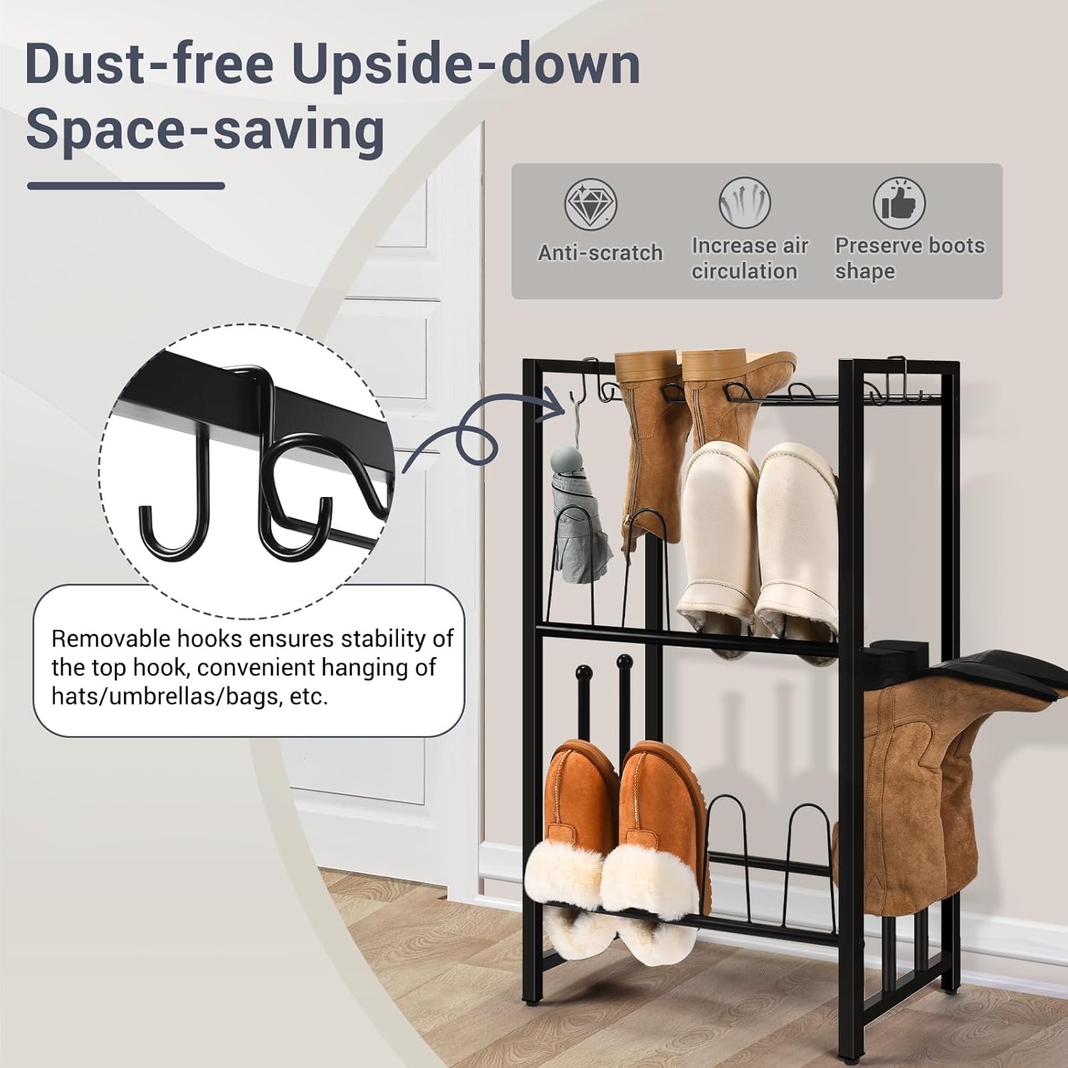 GADFISH Free Standing Shoe Racks, Vertical Boot Rack, Black Metal Boot Storage Organizer Tall Boots Organizer for Closet, Entryway, Shoe Rack for Boots, Sneakers, Fit 8 Pairs