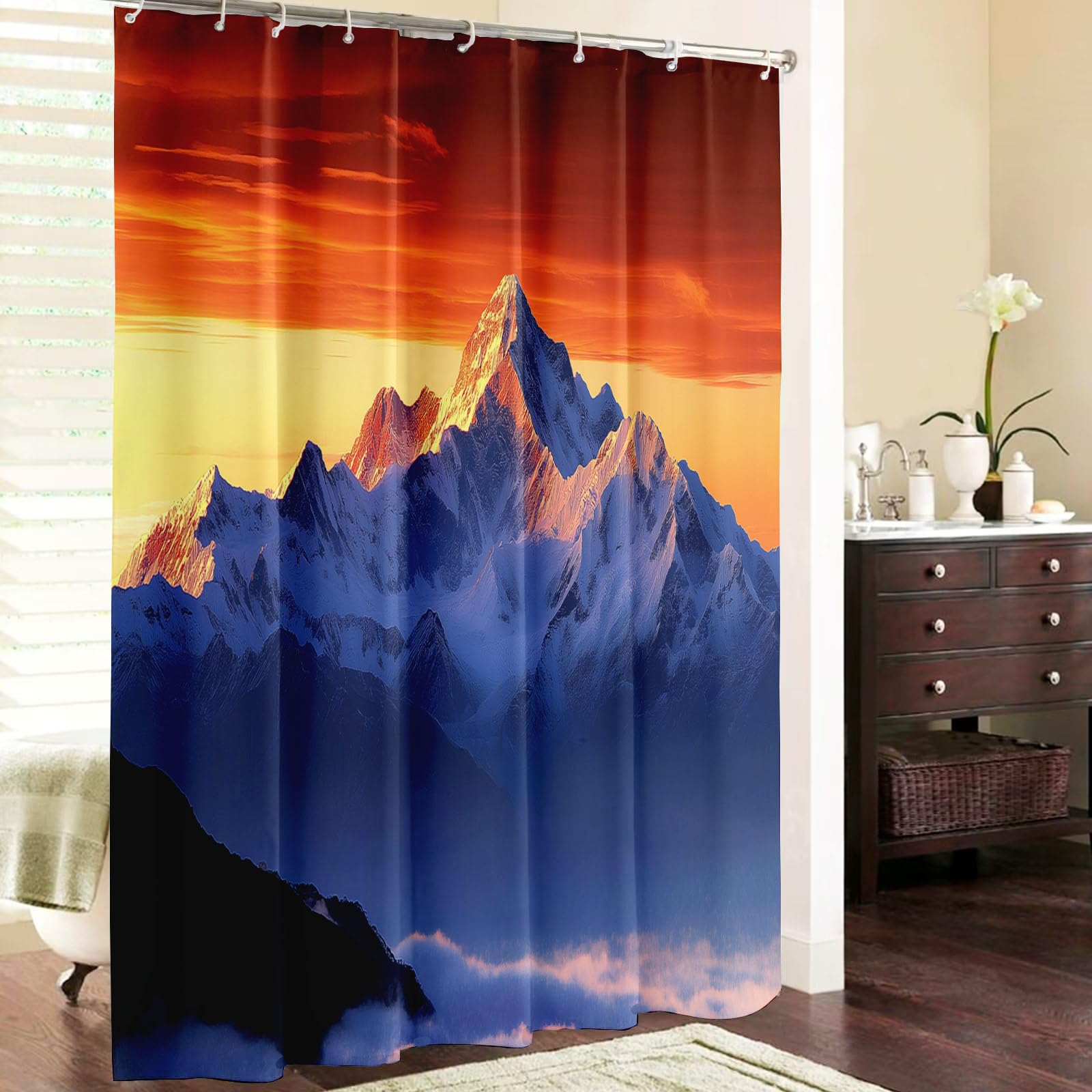 Duschvorhang 240x200cm Polyester Textil mit Natur Sonnenaufgang Muster,Waschbar duschvorhänge,Gebirge Wasserdicht und Schnell Trocknend badevorhänge mit 12 Hake