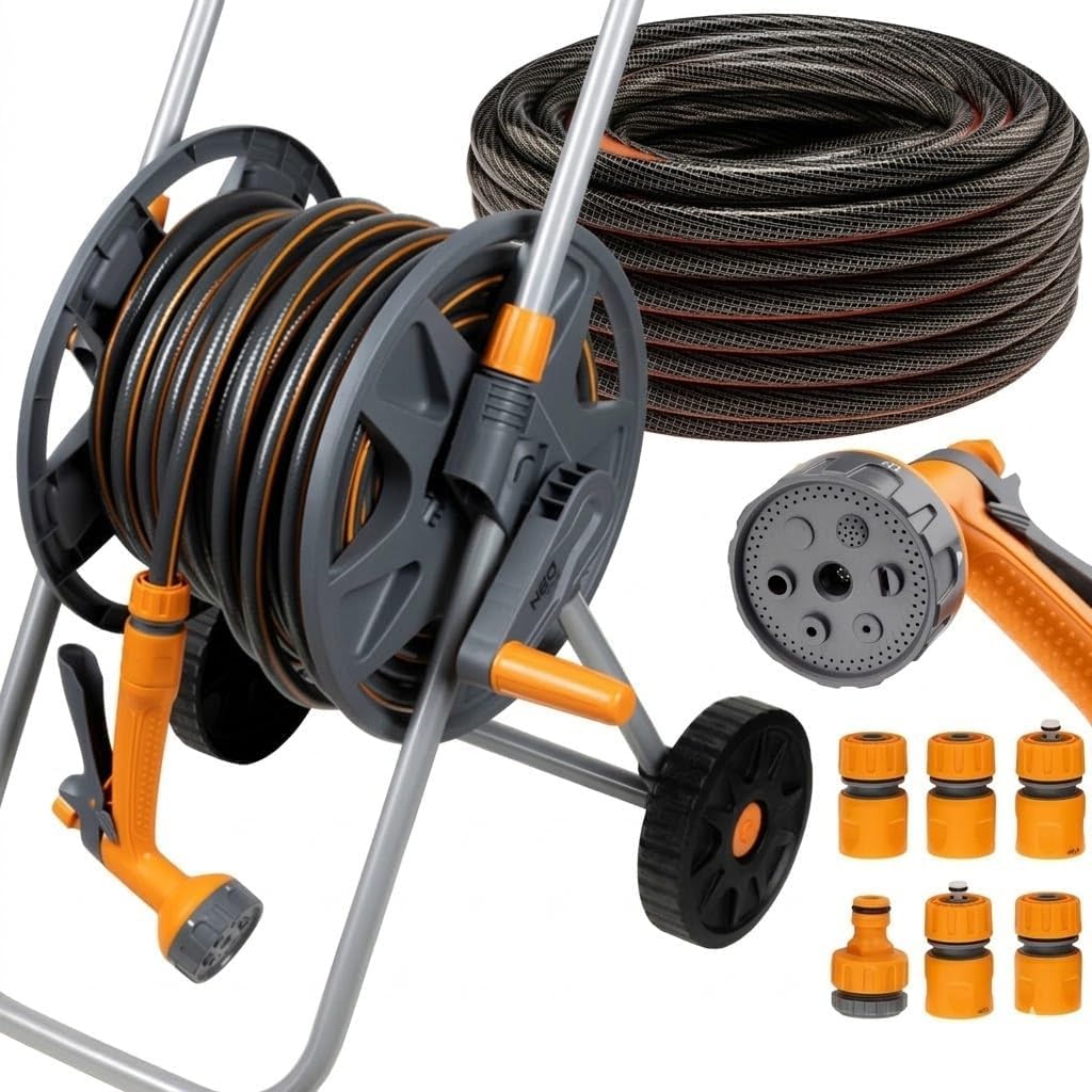 NEO TOOLS Mobiles Gartenbewässerungssystem Komplettset mit Schlauchwagen | 30 m Gartenschlauch 1/2 Zoll, 6-Funktionen-Gartenbrause, Für Rasen und Garten, PVC, UV-Beständig