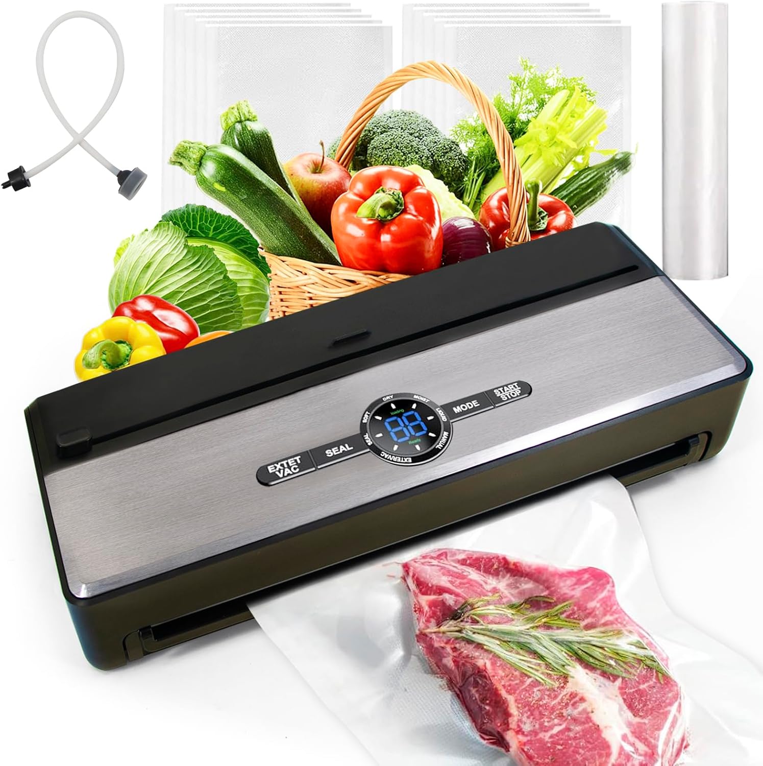 Automatic Vacuum Sealer Machine for Food, 9-IN-1 with Cutter, Bag Storage, Moist & Dry & Liquid & Soft, External VAC for Jars and Containers, 85kPa with Starter Kits -1*Bag Roll&10*Bags