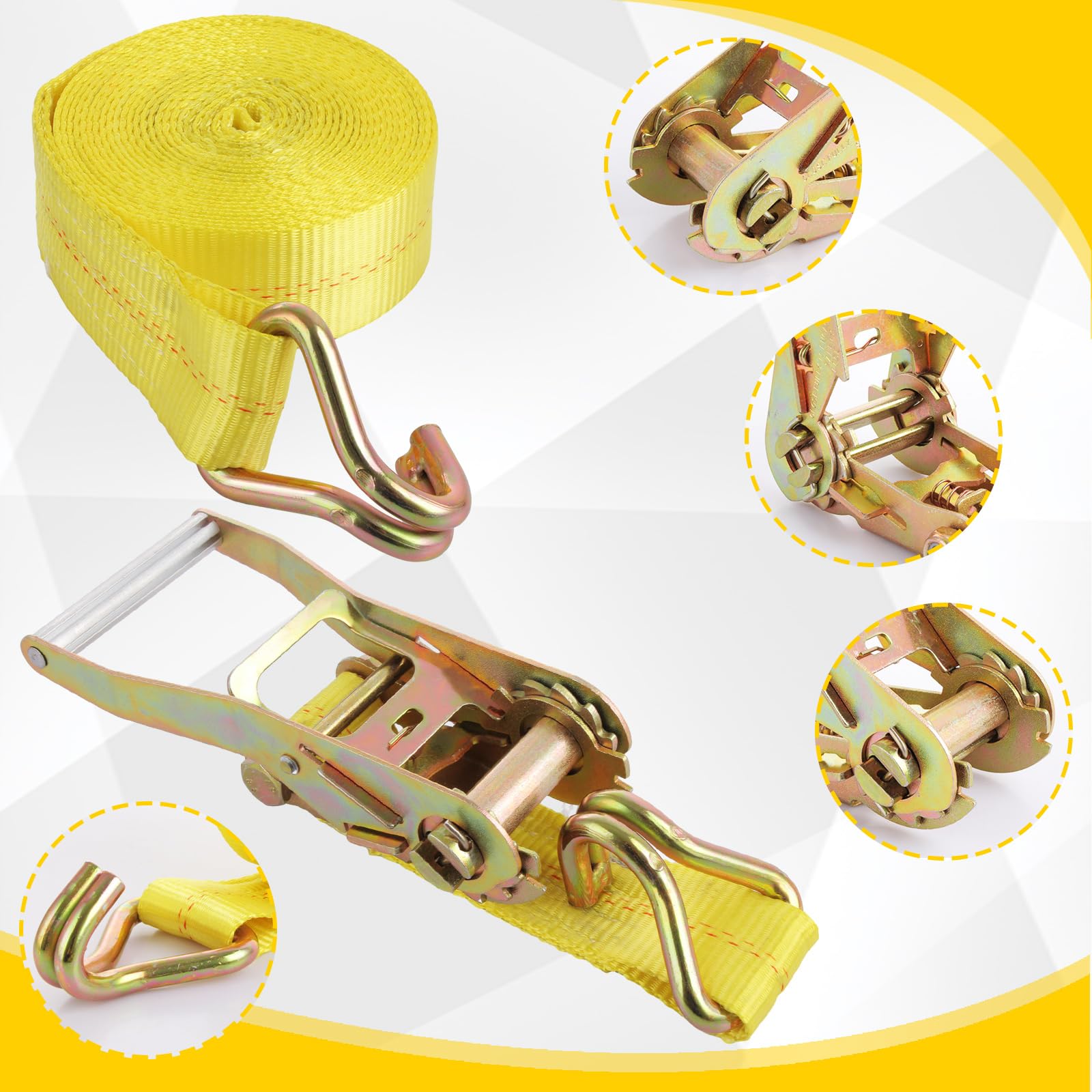 Set di 2 cinghie di fissaggio a cricchetto, 5 cm x 6 m, resistenza alla rottura, resistenti, cinghie di fissaggio con maniglia e gancio a J in metallo, per camion, auto, moto, colore giallo
