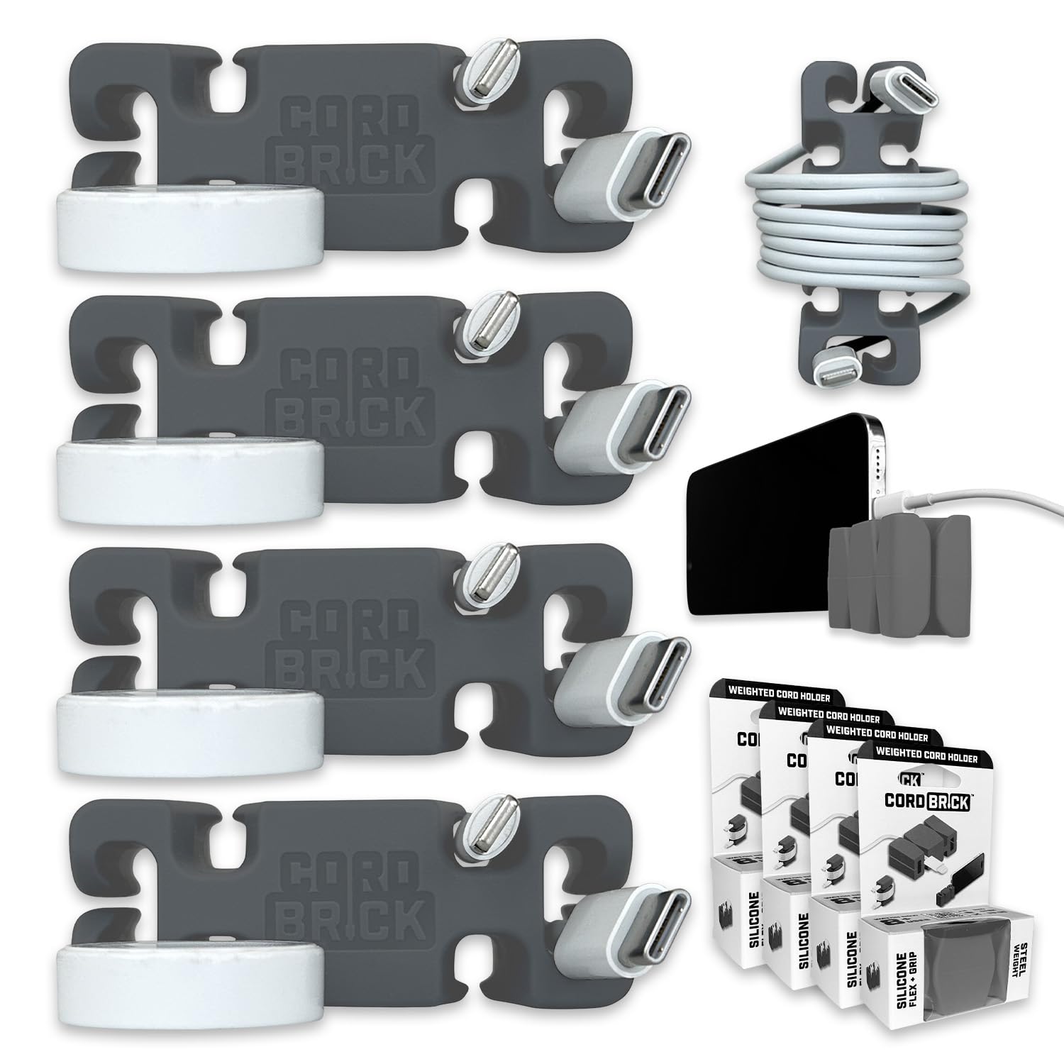 CordBrick 4pk Weighted Cord Holder for Nightstand - Phone Charger Cable Management for Travel - Phone Accessory Stocking Stuffers for Adults - Multipurpose Gift for Home, Office. Gray