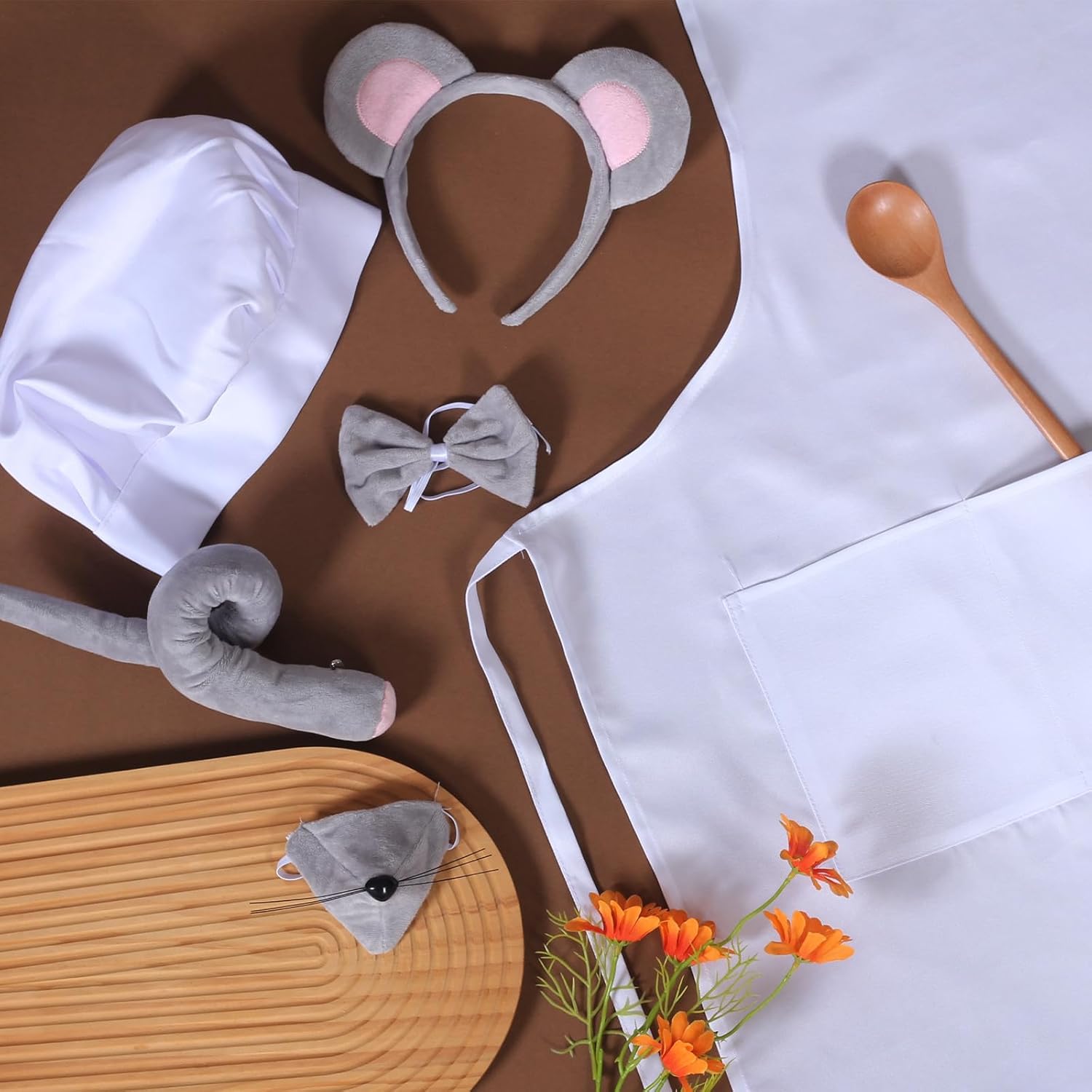 7-Piece Chef & Mouse Costume Set, Funny Couple Role Play Outfit with Chef Hat, Mouse Ears & Tail for Halloween Party - Image 6