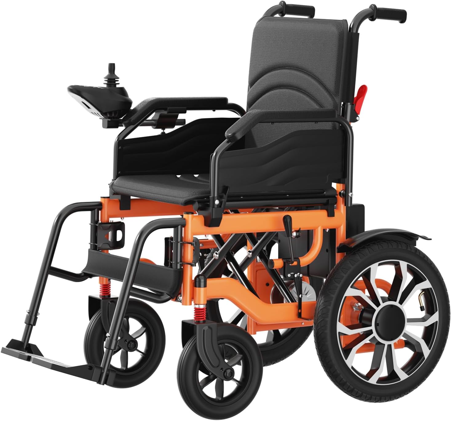 An orange electric wheelchair with black seating and joystick controller, viewed from the front-right angle.