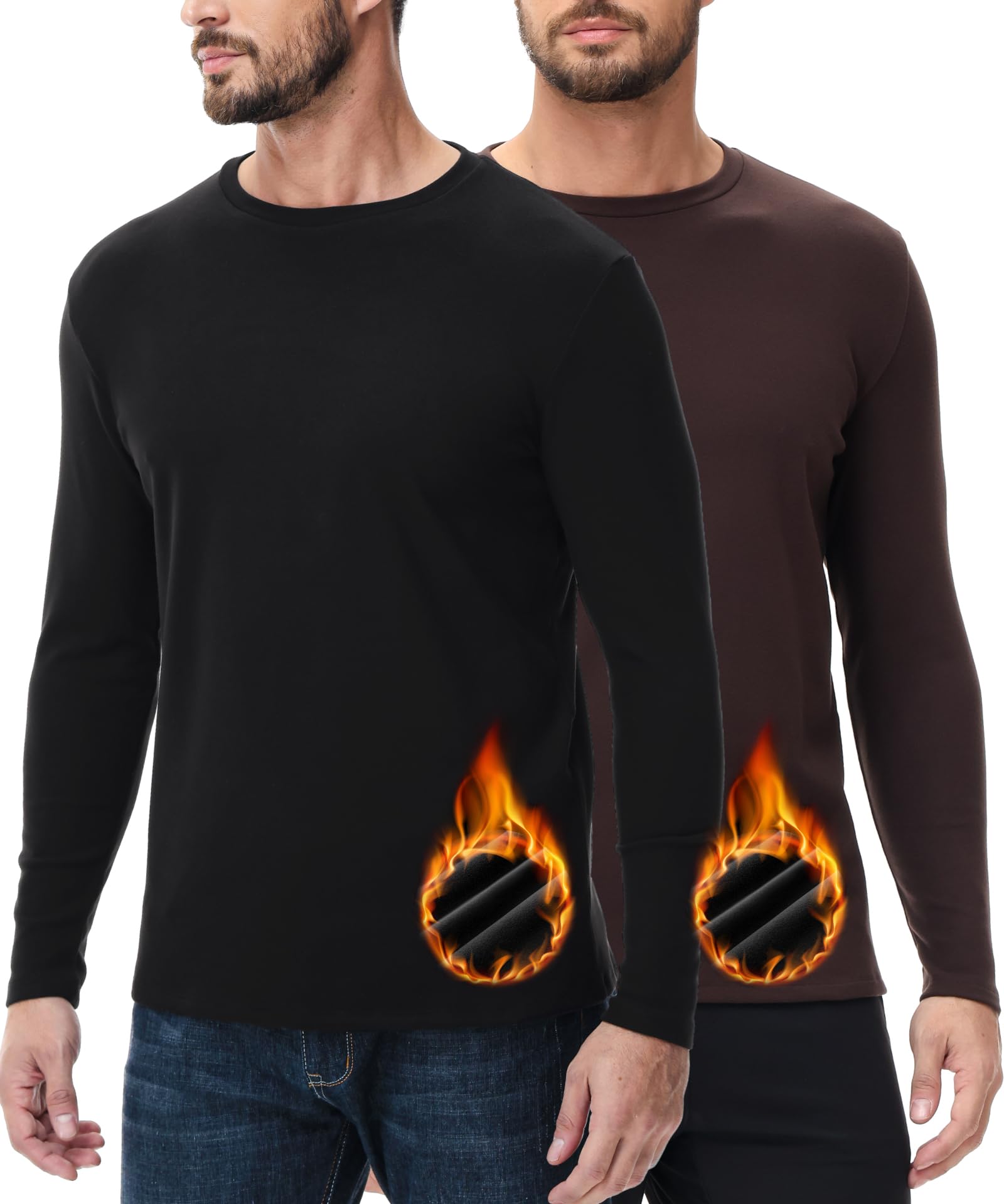 HUGE SPORTS Ropa interior térmica para hombre, camisas térmicas de manga larga, forro polar, cuello redondo, capa base, ropa interior térmica