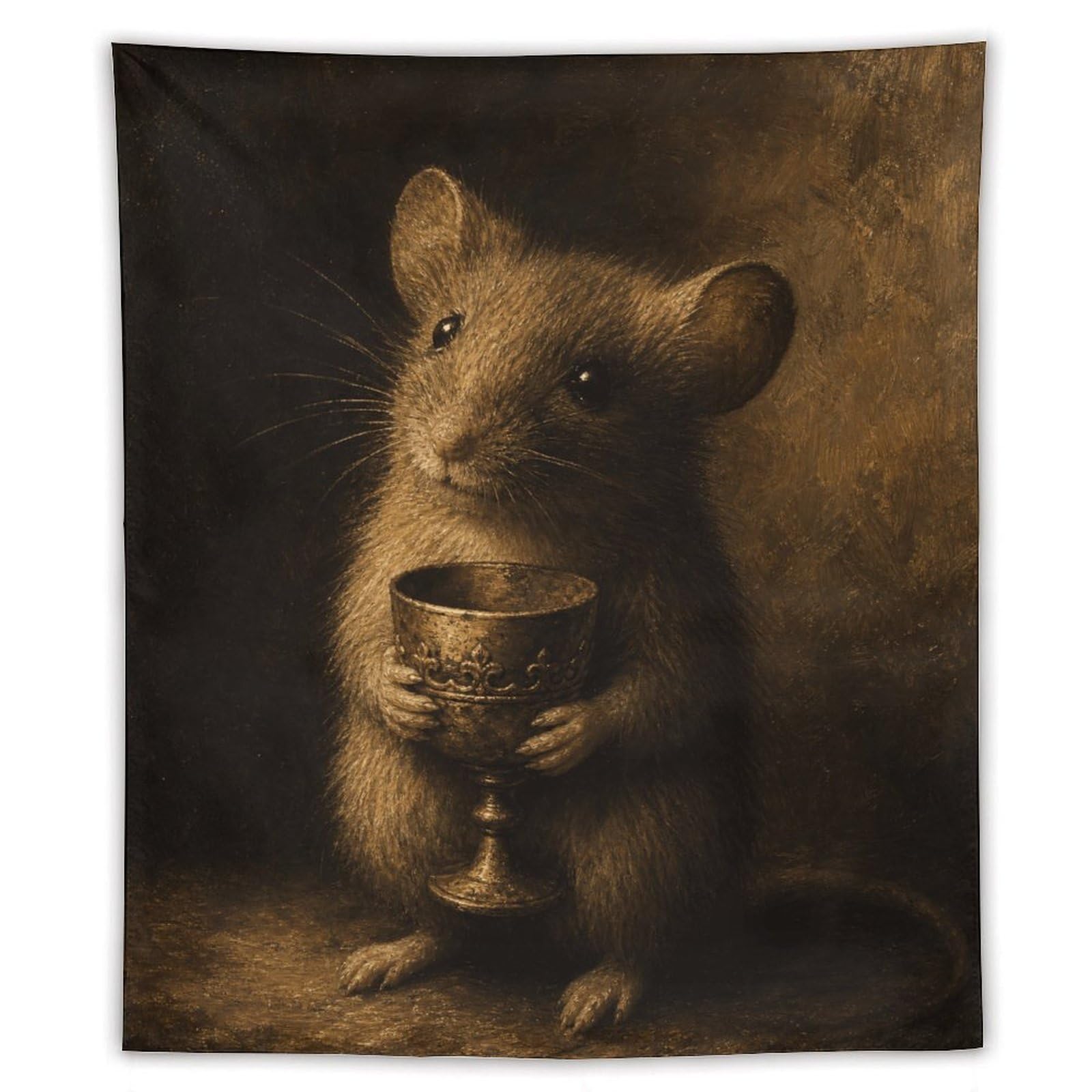 W7C8U2X3 Mouse Holding Cup Wall Tapestry, Realistic Illustration Style