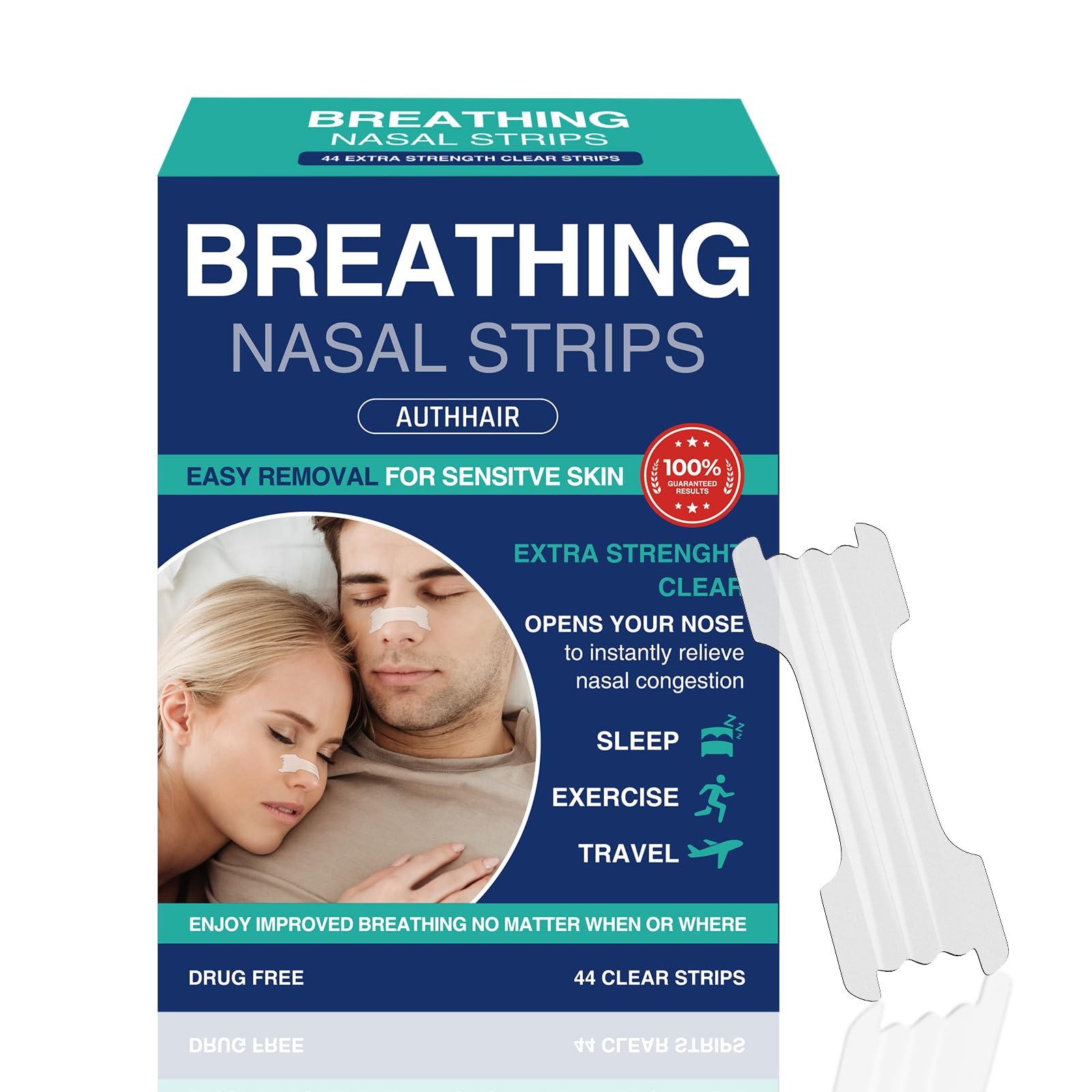 Extra Strength Nasal Strips for Better Breathing Clear Hypoallergenic for Sensitive Skin Drug-Free Snoring Congestion Relief 44 Count