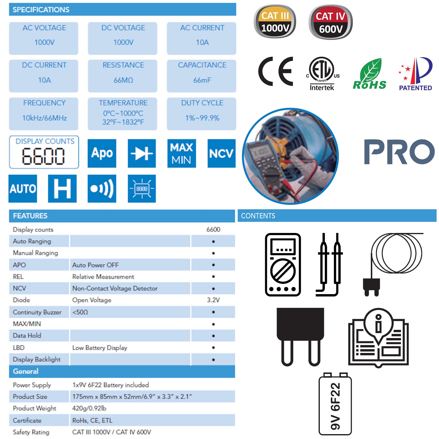 C-LOGIC 5200 Multímetro Digital Profesional CAT IV 6600 cuentas NCV Tension DC/AC 1000V Corriente AC/DC 10A Resistencia 66MΩ Temperatura Capacitancia Frecuencia 20kHz Autoescala