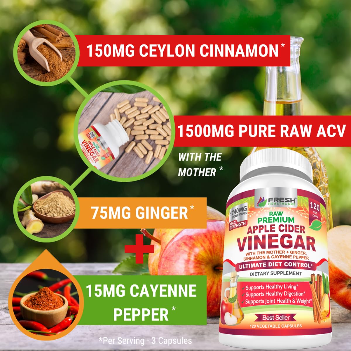 FRESH HEALTHCARE Apple Cider Vinegar Capsules with The Mother, 1740mg ACV Pills with Ceylon Cinnamon, Ginger & Cayenne, Non-GMO Gluten Free Vegan Supplement for Digestion and Bloating, 120 Count — Amazon image 3