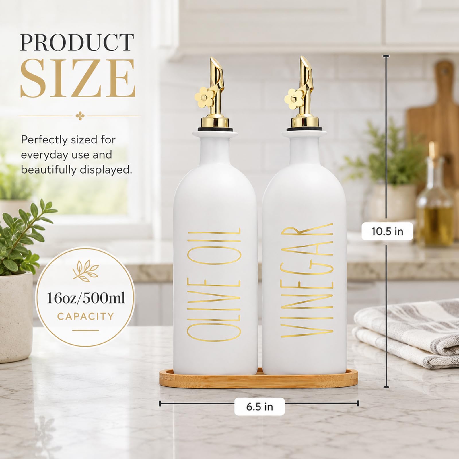 HOMCDALY Botellas dispensadoras de aceite de oliva de 16 onzas para cocina, juego dispensador de aceite y vinagre dorado, dispensador de aceite de vidrio para cocina con bandeja de bambú, juego de 2