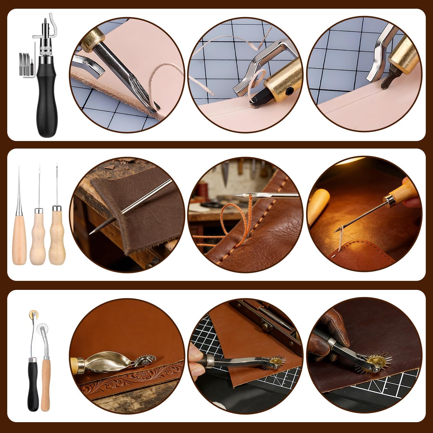 Leather Working Tools Kit, with Portable Leather Storage Bag, Engraving Punching Sewing Stamping Sanding Tools, Ideal for Crafting, Repair & DIY Projects