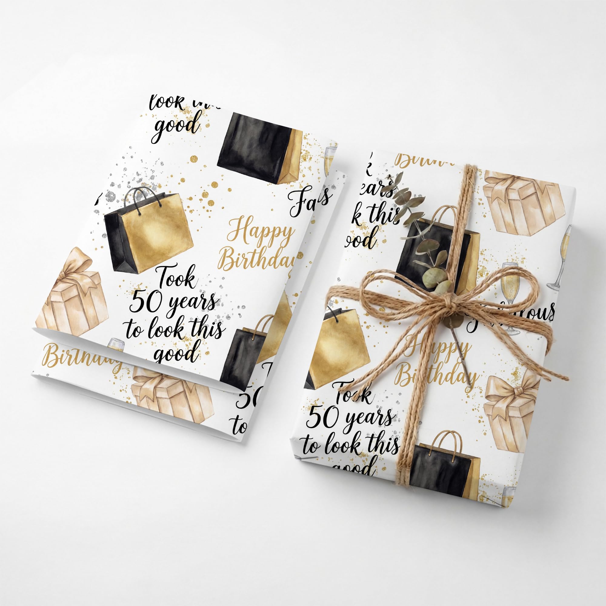 Funny 50 Years Look Good Birthday Wrapping Paper Folded Sheets, 120GSM Thick Kraft Wrapping Paper for Women, Black Gold Champagne Print Present Packaging for Wife Mom, 2 Pack