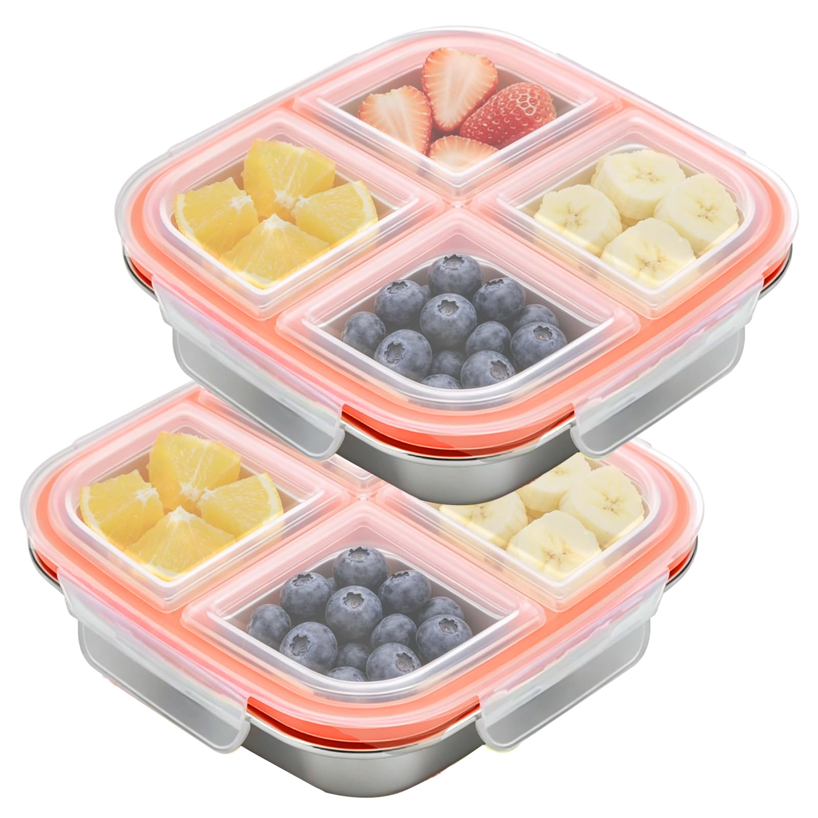2 Pack Snack Box with 4 Compartments, Reusable Stainless Steel Lunch Boxes