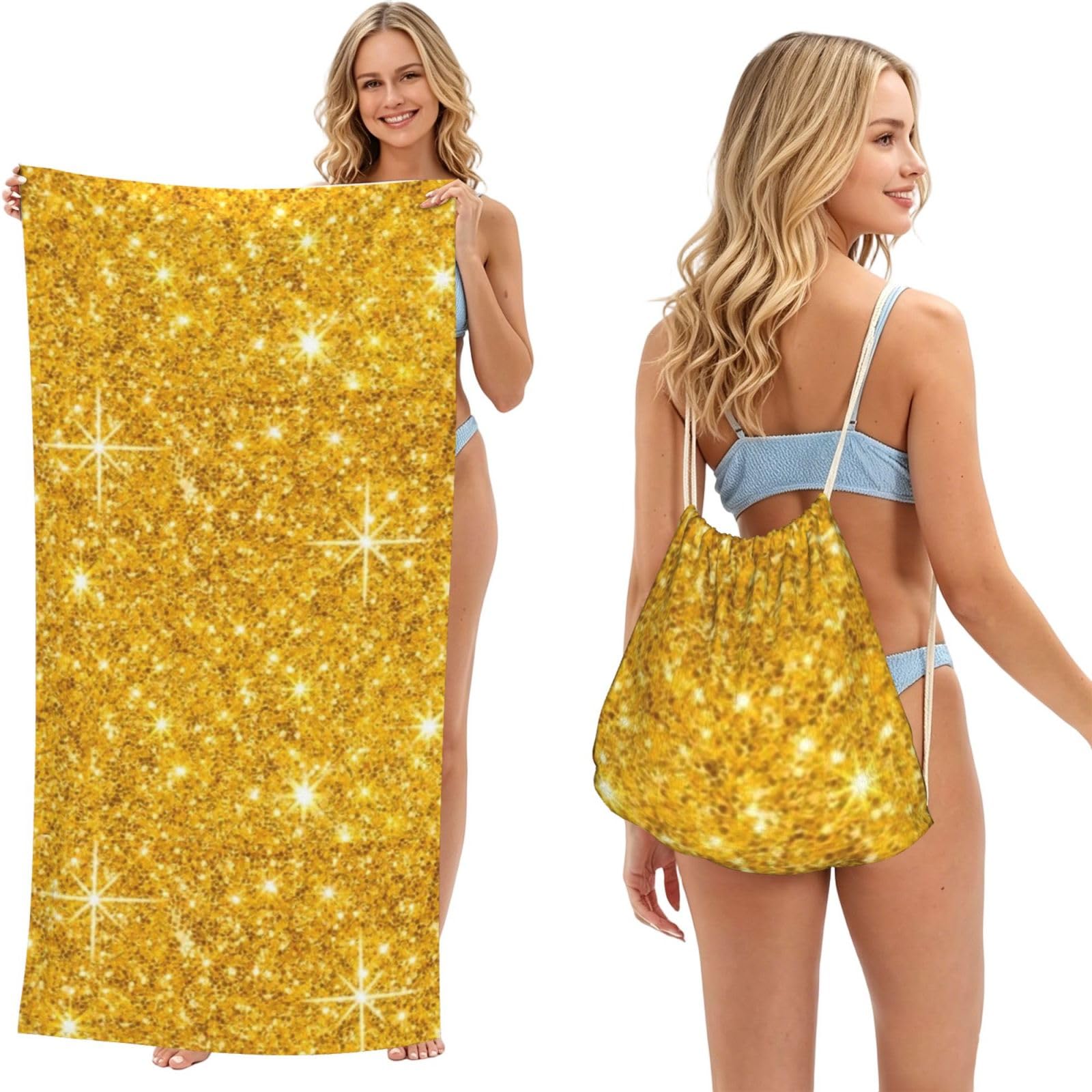 Poadnly As Picture Gold Glitter, 2 In 1 Packable Towel Bag, Beach Towels With Drawstring Backpack For Travel Holiday Camping