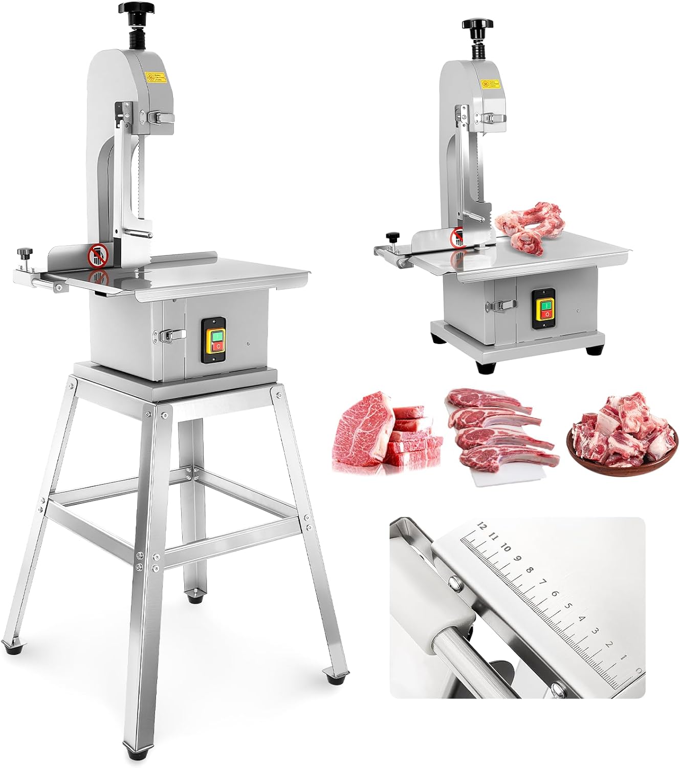 2500W Commercial Electric Meat Bandsaw, 18.7" x 12" Workbeach Vertical Bone Sawing Machine, 0.04-7.8 Inch Cutting Thickness, Stainless Steel Frozen Meat Cutter with 8 Blades for Rib Pork Beef