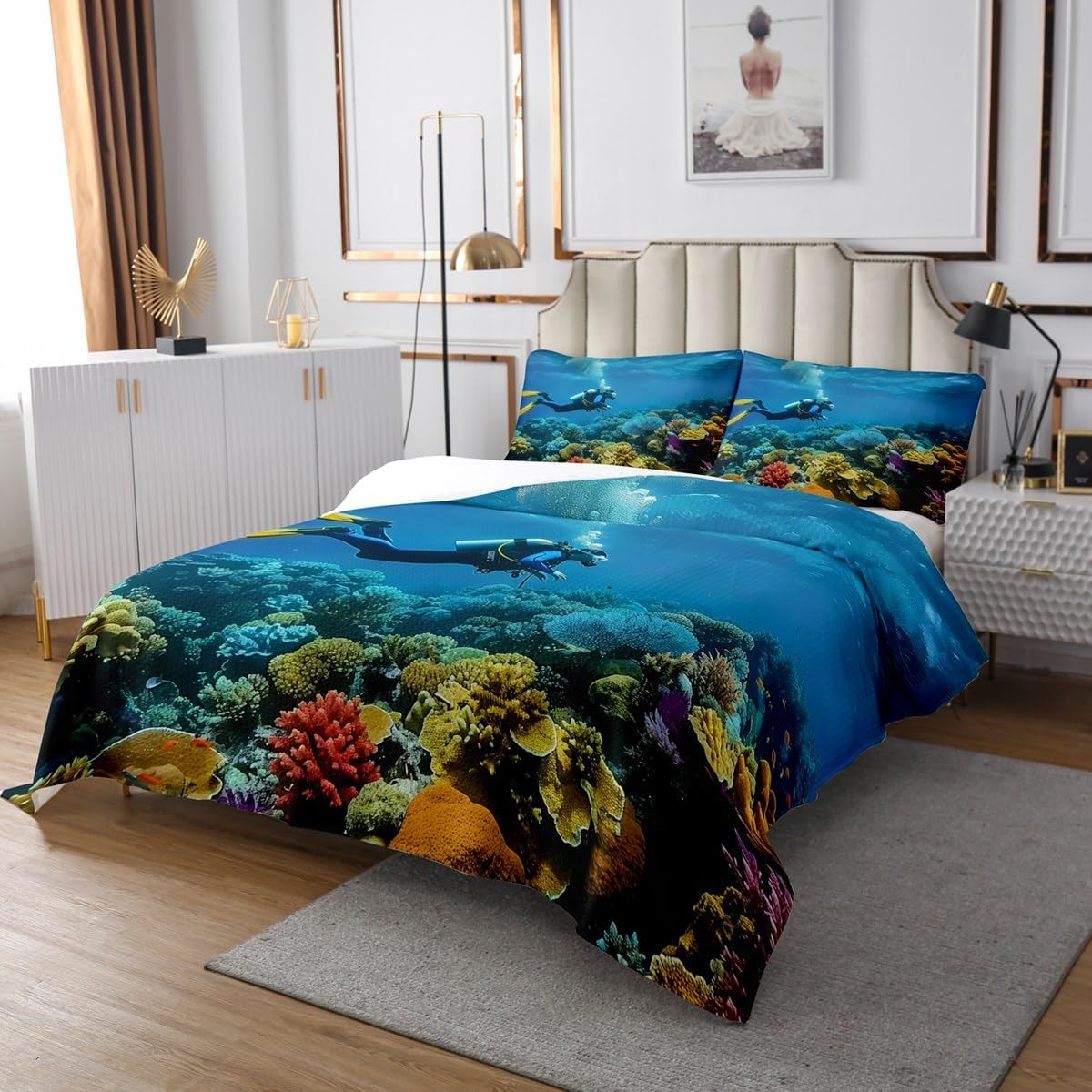 Erosebridal Diving Coverlet Set Twin Size Sports Bedspread for Teens Men Women Ocean Marine Sea Coral Fantasy Blue Yellow Red Quilted Coverlet Soft Luxury Quilted