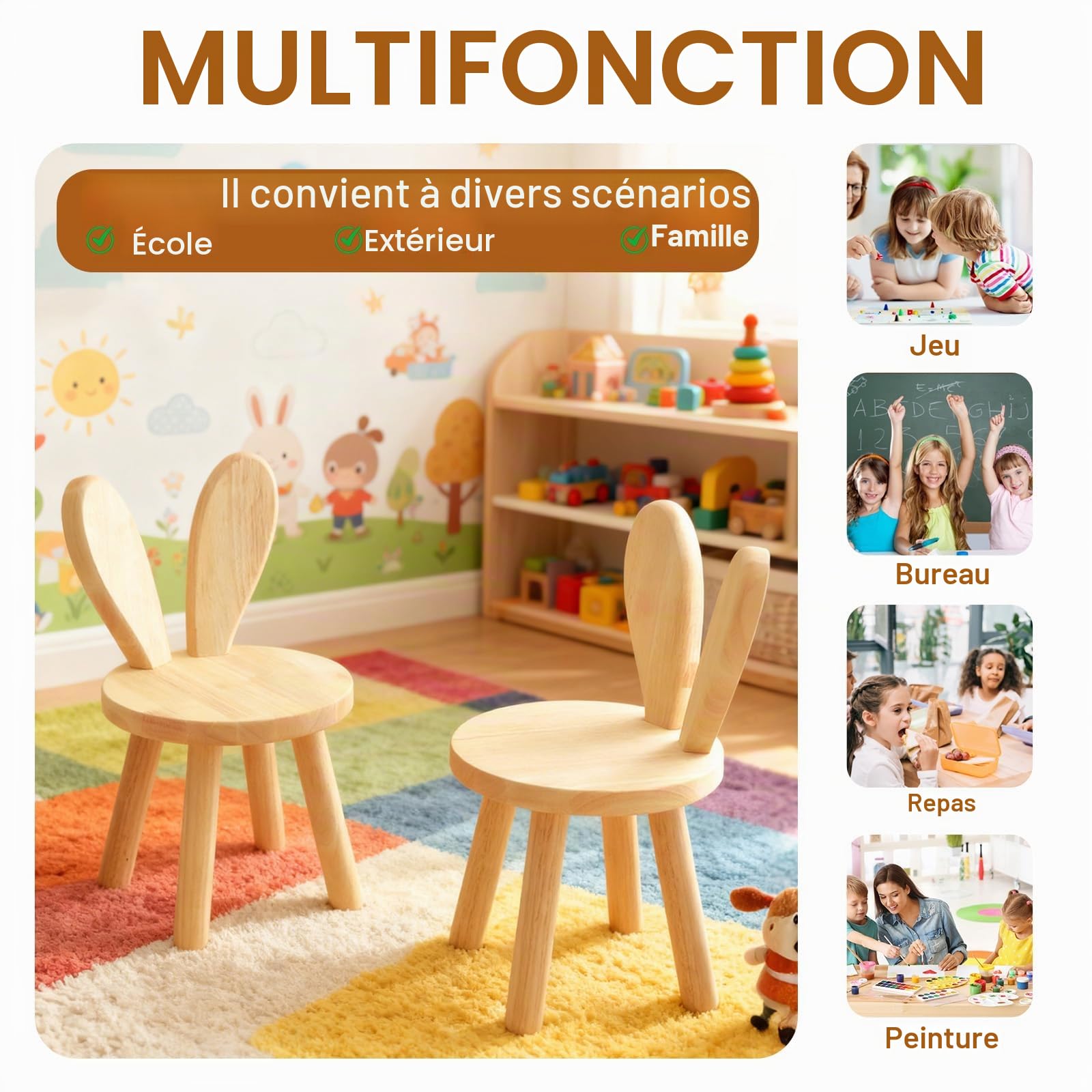 Chaise Enfant Bois Massif 3 Ans 45x26 cm Dossier Oreilles Lapin