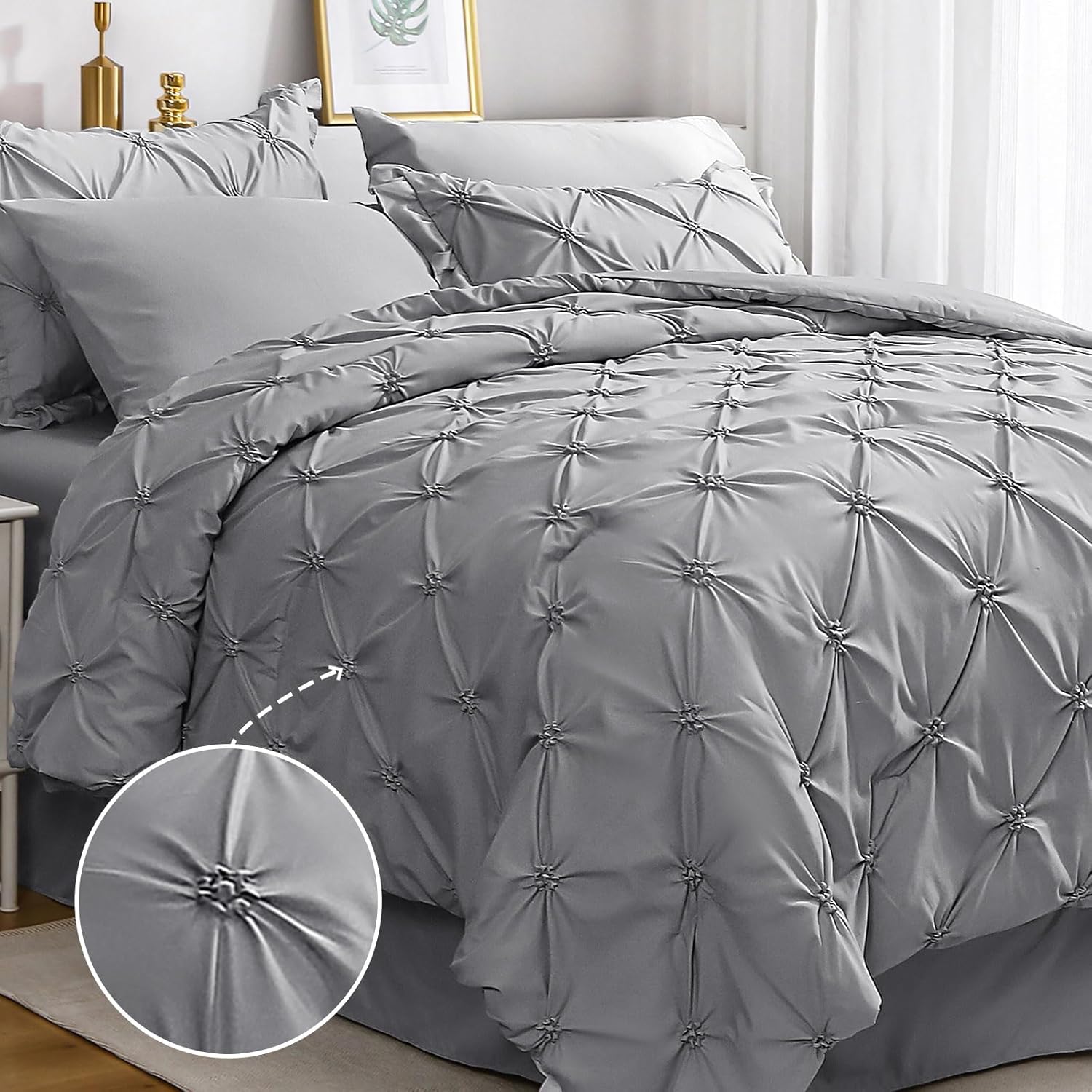 (Similar)JOLLYVOGUE Grey Queen Comforter Set, 7 Pieces Pintuck Comforters Queen Size, Bed in a Bag Queen Comforter for Bedroom, Bedding Comforter Sets with Comforter, Sheets, Ruffled Shams & Pillowcases