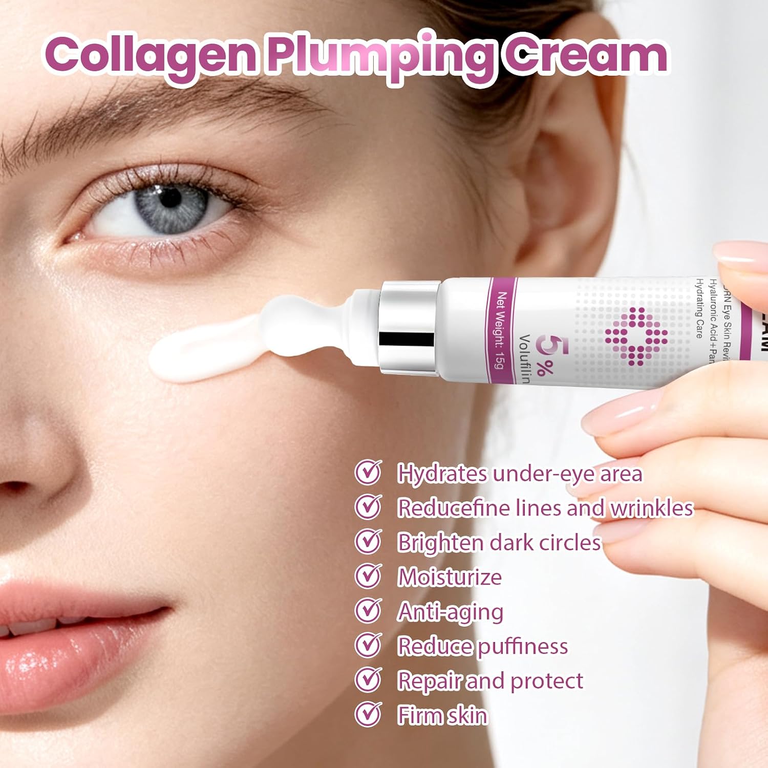 PDRN Collagen Volume Multi Cream, Anti-Aging Eye Cream with Volufiline, Lip Plumper, Under Eye Cream for Dark Circles, Puffiness, Bags and Wrinkles，Plumping Moisturizing Cream for Face, Eye & Lip Care
