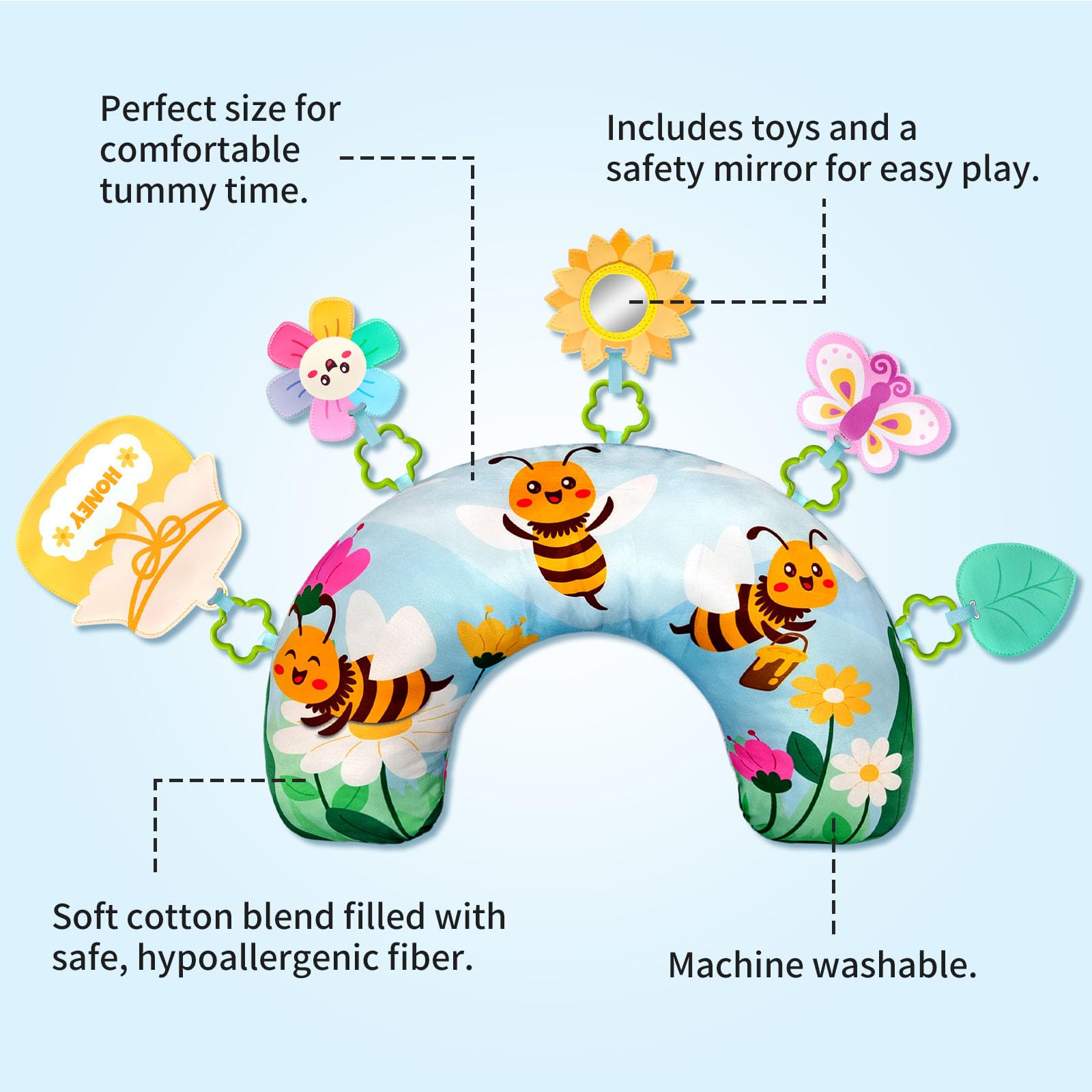 BOHEMIABY Bee Baby Tummy Time Pillow, Toddler Sensory Toys, Newborn Tummy Time Mirror with Removable Sunflower Mirror - Image 2