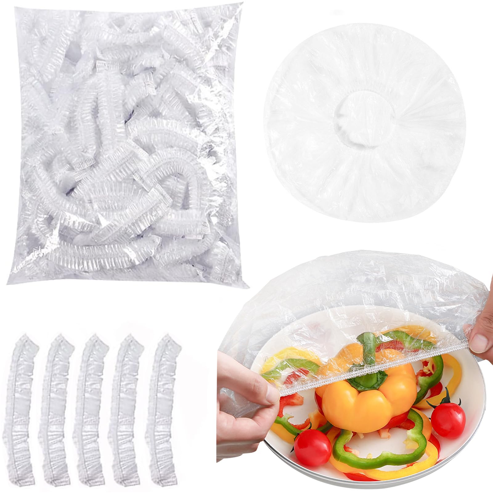 ACTOYSElastic Food Storage Bags, Pack of 200 Food Covers, Covers for Bowls, Transparent Cling Film with Elastic Band, Shower Cap, Mini Greenhouse Tents