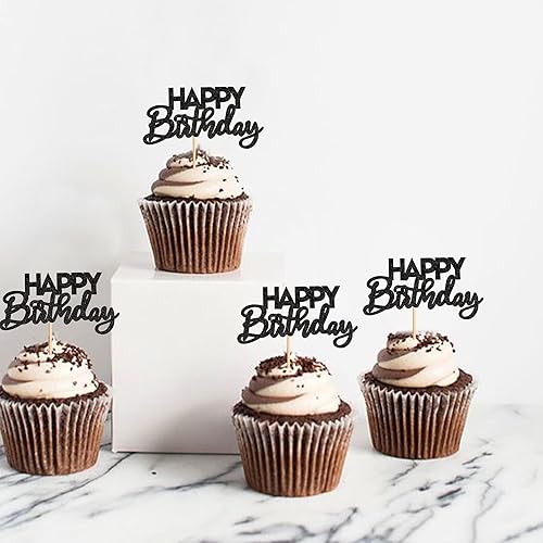 Miniatura 6 de Ercadio Paquete de 24 adornos para cupcakes con purpurina negra montada para cupcakes de cumpleaños, para baby shower, niños, fiesta de cumpleaños,