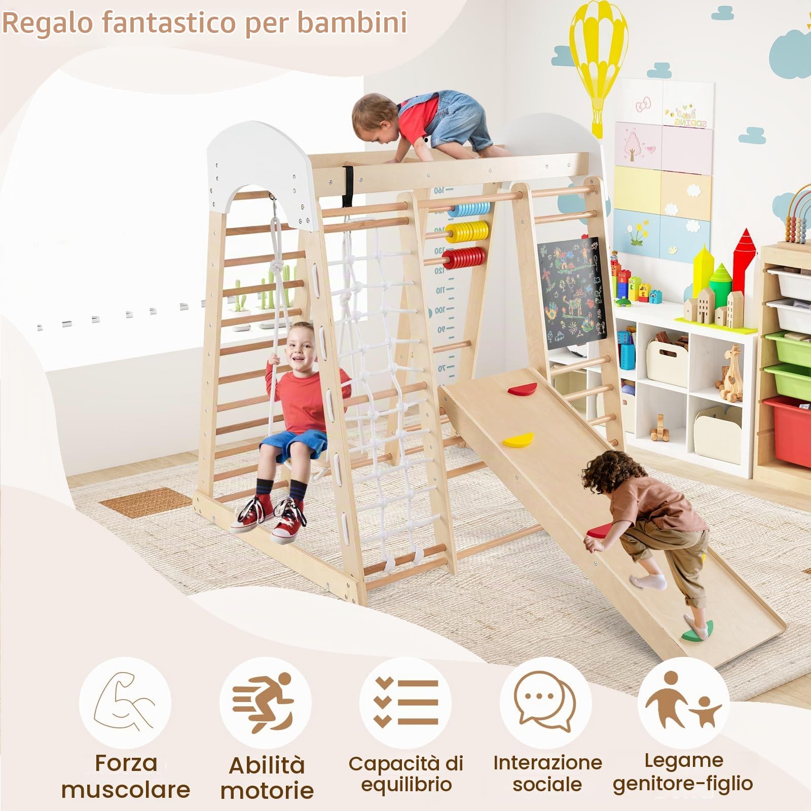 HOMASIS Struttura da Arrampicata in Legno da Interno, 7 in 1 Parco Giochi con Altalena, Scala, Rete da Arrampicata, Barre, Abaco e Lavagna, Palestra per Bambini dai 3+ Anni (Naturale)
