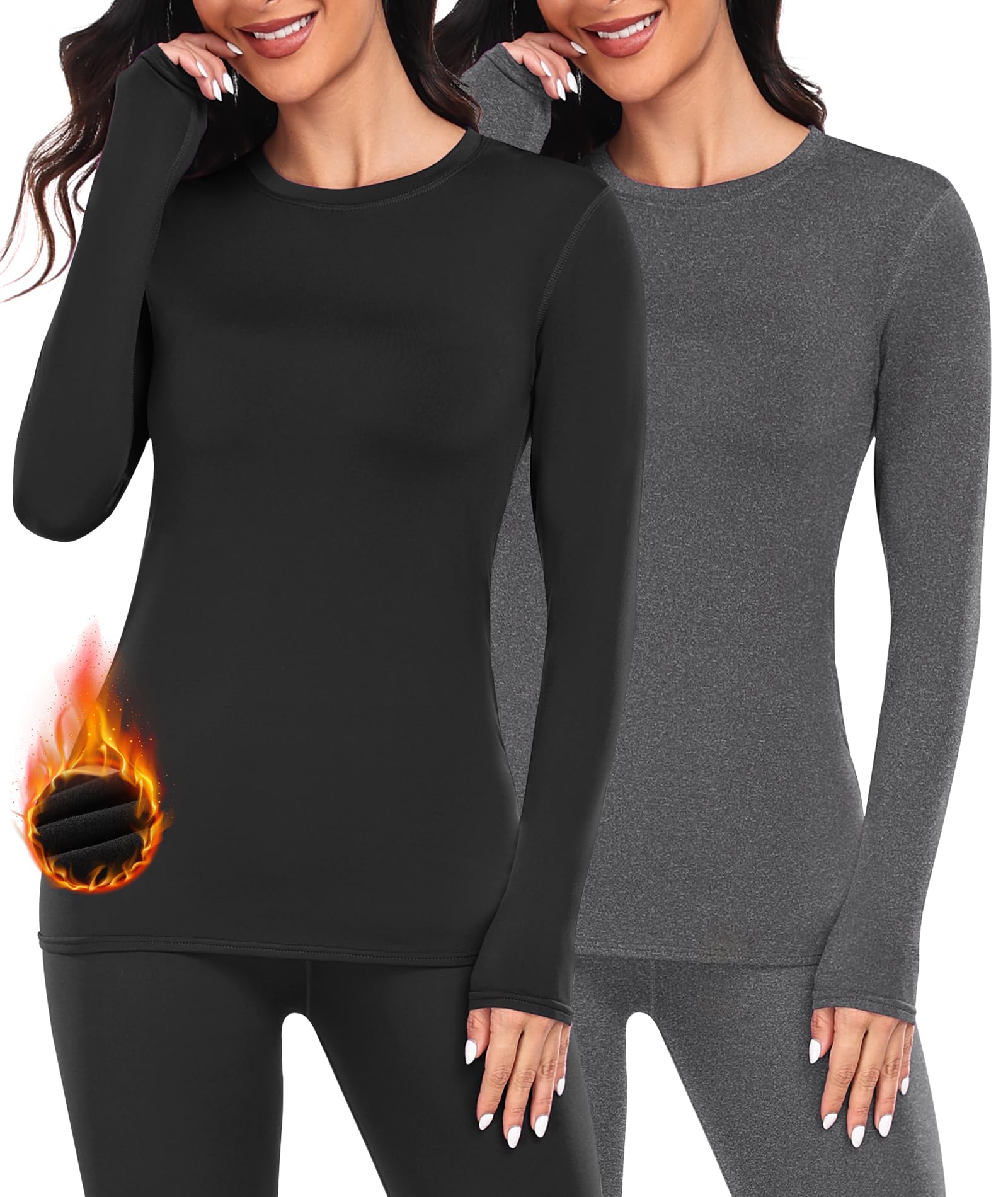 YADIFEN Camicie termiche da donna, foderate in pile, strato termico, a maniche lunghe, ultra morbida, per la stagione fredda, Nero e grigio scuro, confezione da 2, XS