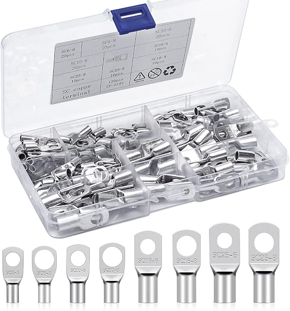 Elecoutek 120Pcs Tubular Cable Lugs Tinned Copper Crimp Connectors, Assorted SC Ring Terminals Wire Terminals Connector Battery Cable Ends 6mm² 10mm² 16mm² 25mm² (4-10 Gauge)