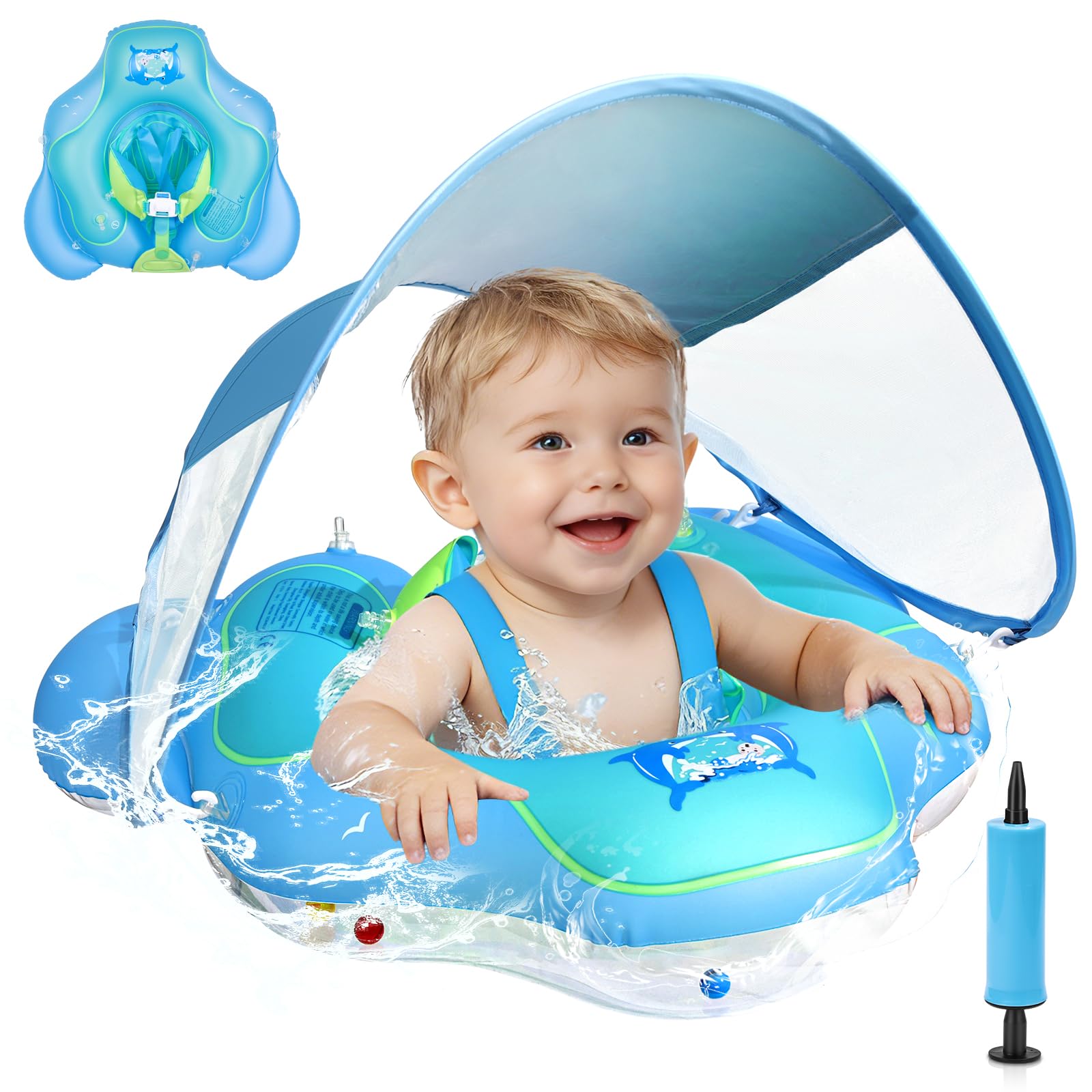 Flotador de Bebé con Toldo UPF 50+, Boya para Piscina Mejorada Que Previene Volteos, Asiento Acuático para niños de 6 a 36 Meses