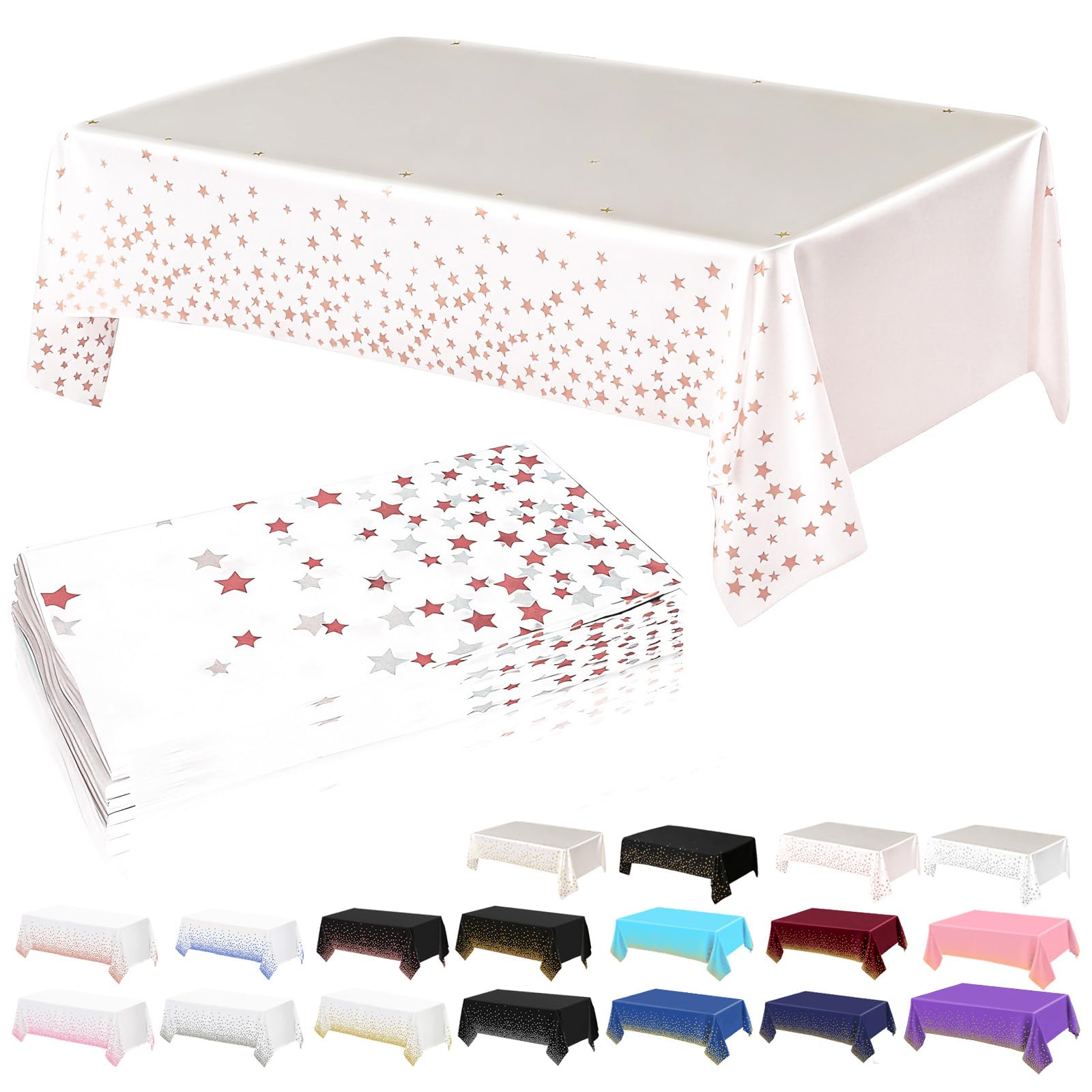 4P Plastic White and Rose Gold Stars Table Cloth Party for Rectangle Tables,137x274cm Decorative Paper Table Cloths for Parties Disposable Table Cover for Picnic,Baby Shower,Wedding,Birthday,Christmas