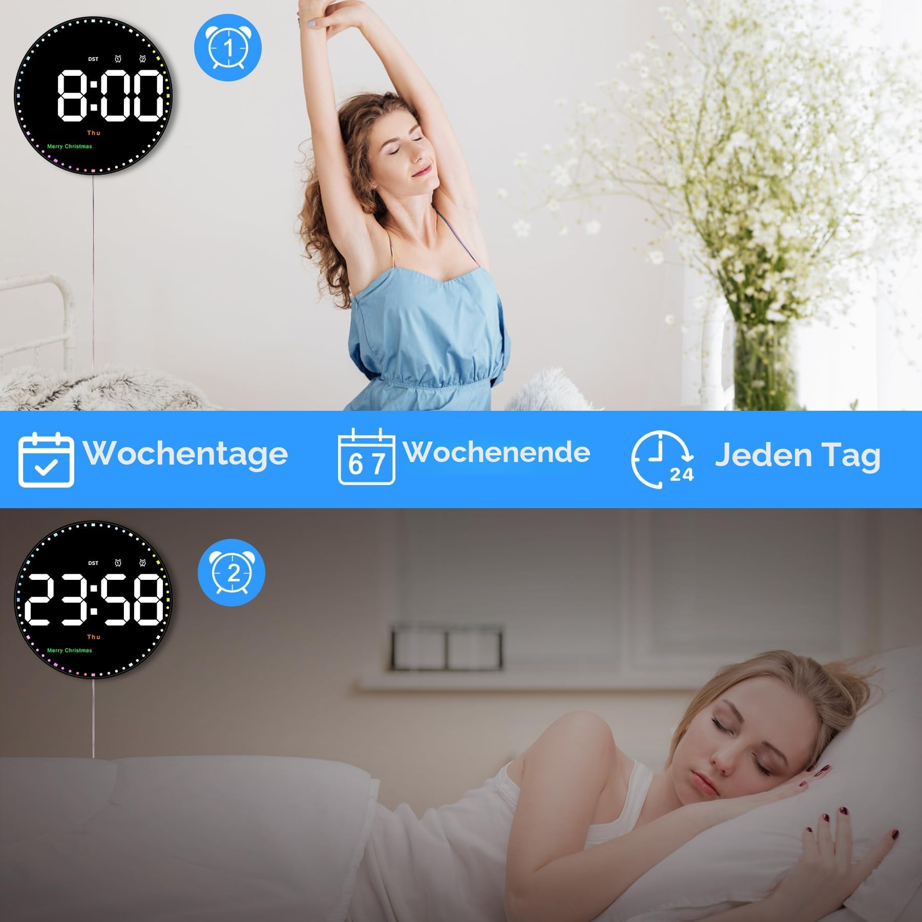 Sukeen Wanduhr Digitale Groß mit Fernbedienung, 10'' Digital Uhr, LED Wecker Datum/Tag/Temperatur/Timer/Countdown/2 Alarme, ohne Ticken für Wohnzimmer/Büro/Schule/Fitness