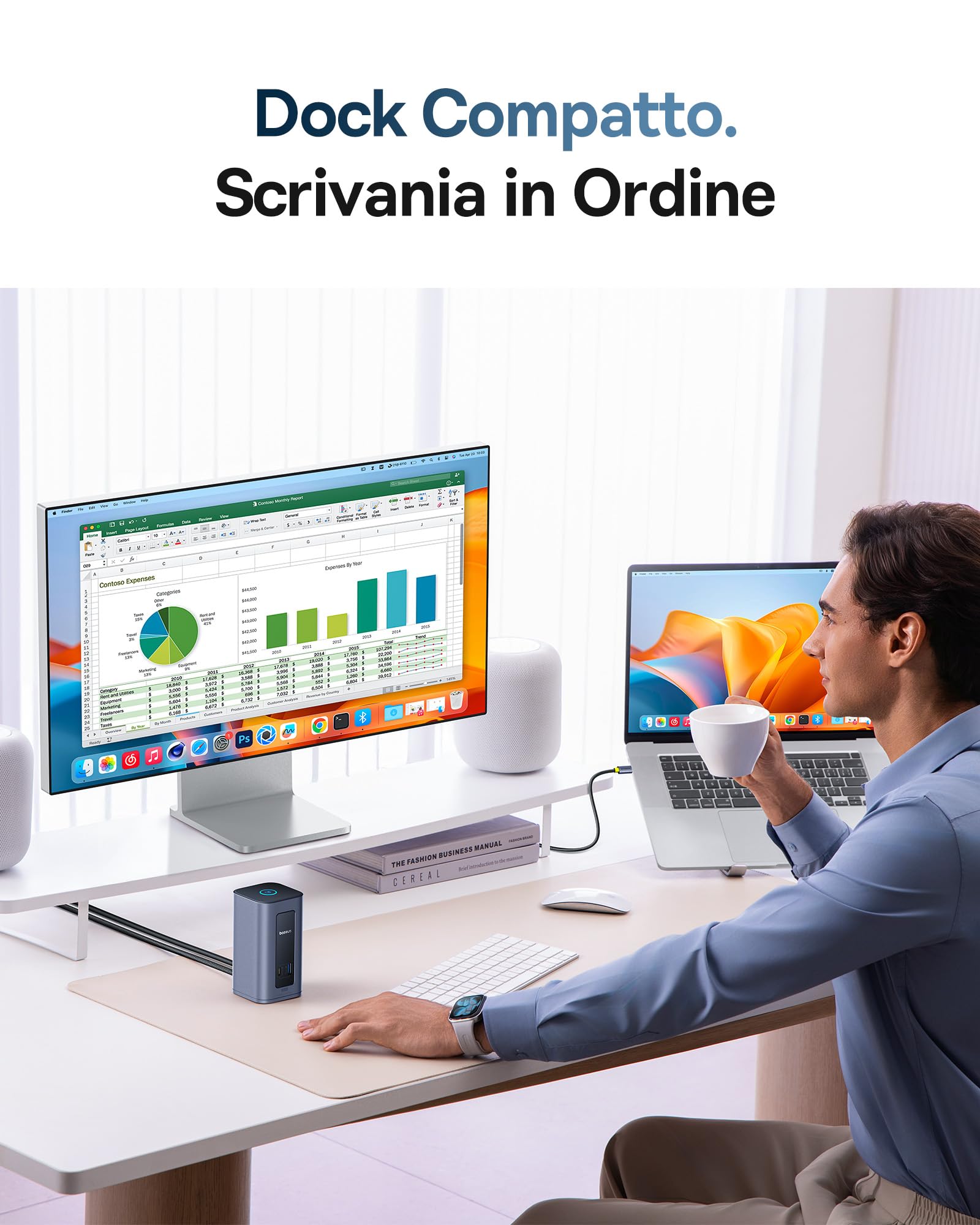 [Driver Displaylink Richiesto] Baseus Docking Station USB-C, Nomos Air Mac 12 in 1, 2 Monitor, 2K HDMI o DP, porte USB 10 Gbps, 100W PD, Ethernet, Compatibile con macOS (senza alimentatore)