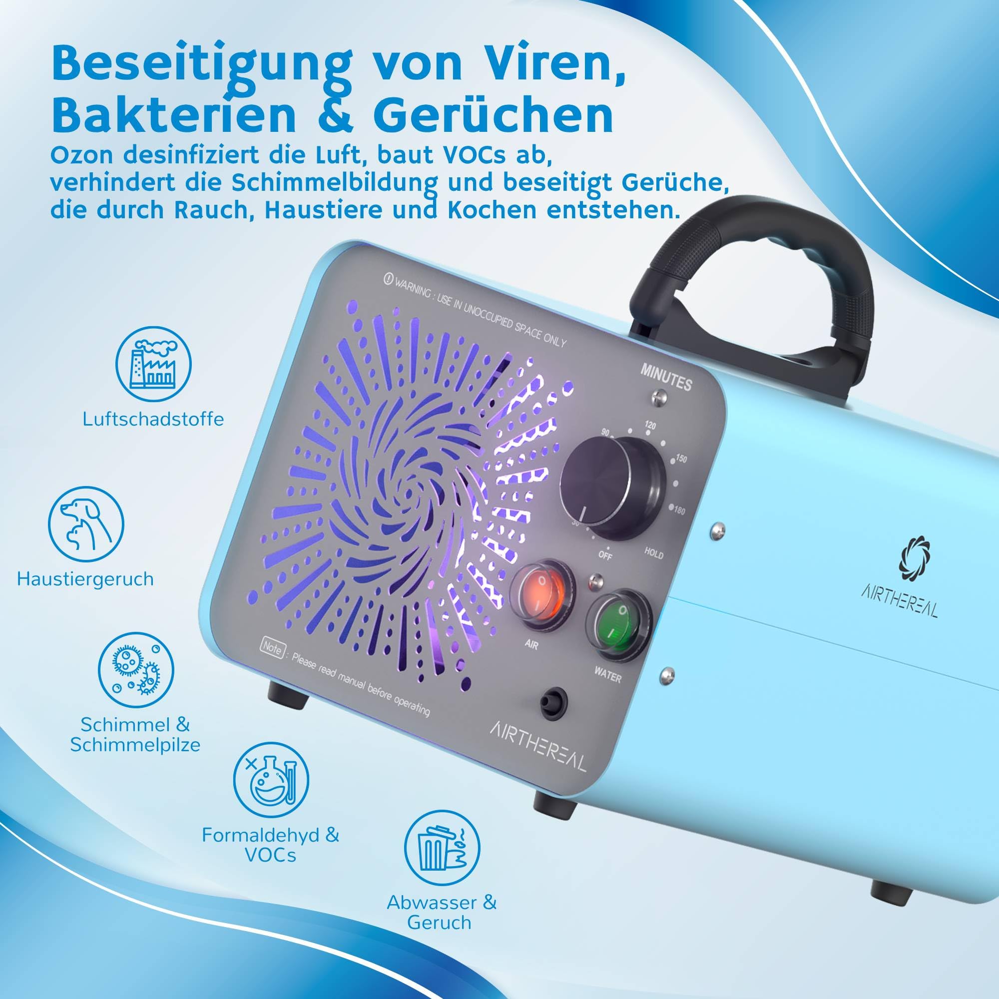 Airthereal MA25L Generator ozonu - urządzenie 2w1 do oczyszczania wody i powietrza, generator ozonu z dużą wydajnością do eliminacji zapachów - pokrywa do 370 m², ozonator do samochodu, mieszkania
