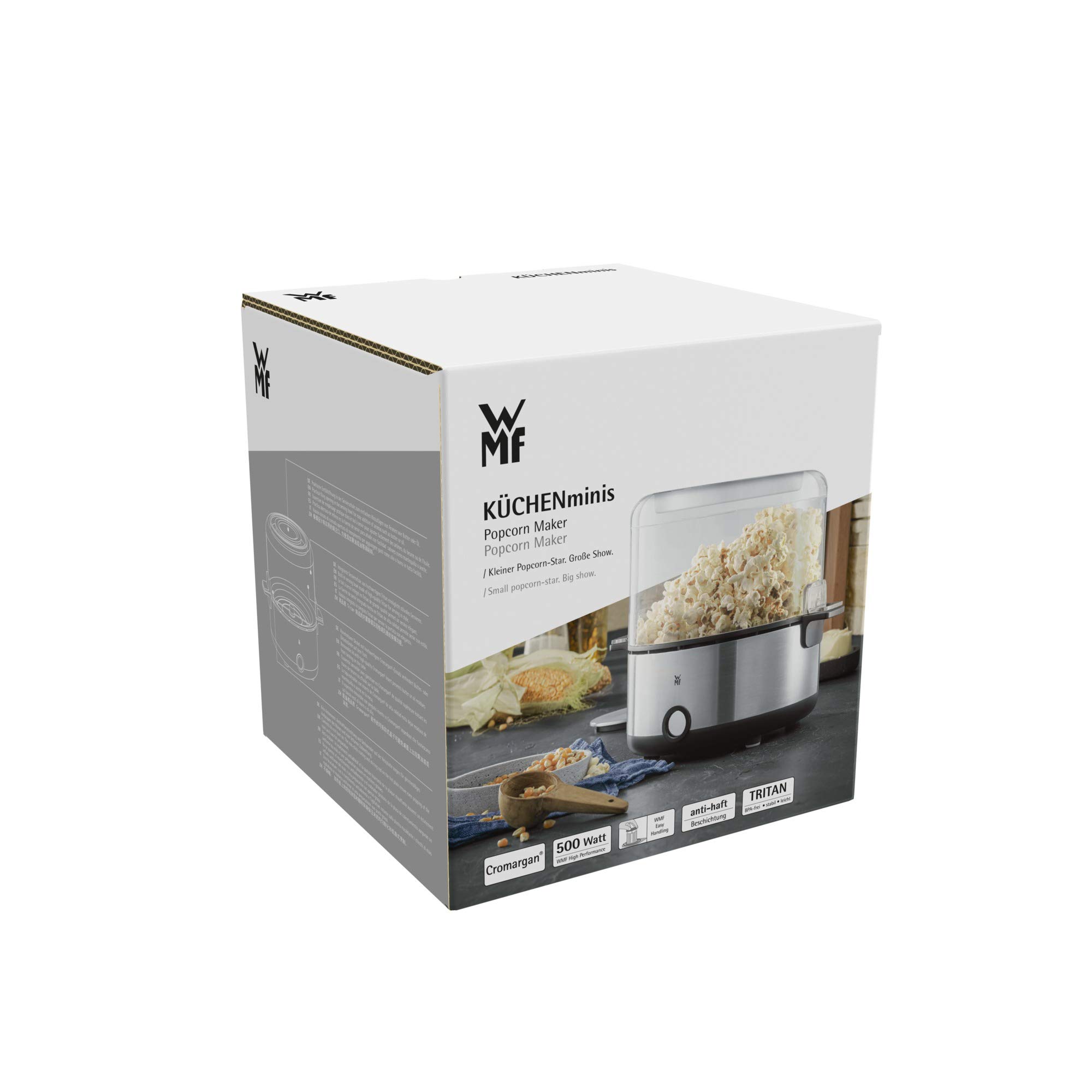 WMF KITCHENminis - Macchina per popcorn, piastra riscaldante rivestita, coperchio per servire, apertura per sciogliere il burro, preparazione con zucchero e sale, salvaspazio, in acciaio inox opaco