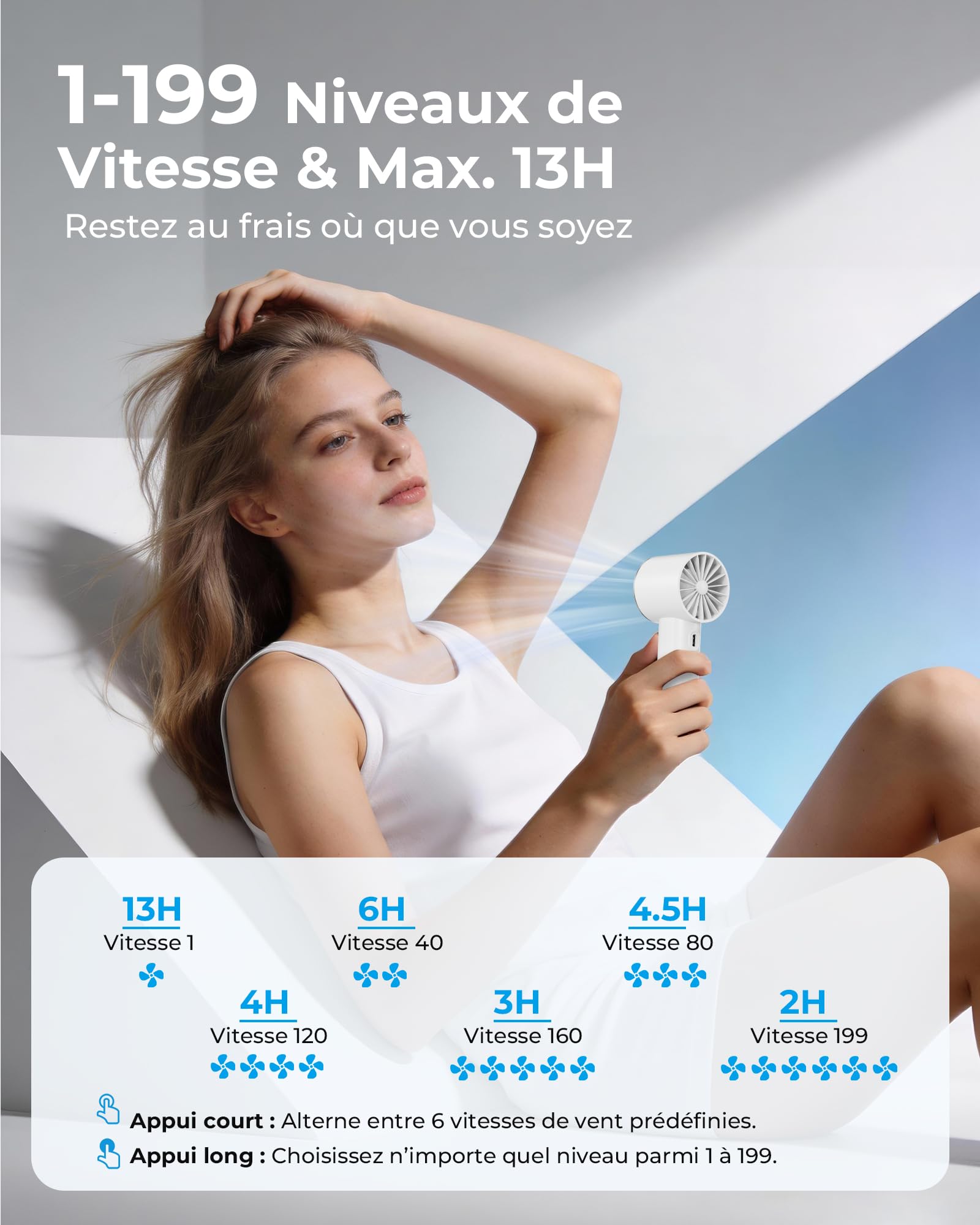 Mini Ventilateur Portable à Main - 3000mAh Petit Ventilateur de Table USB,1-199 Vitesses,Jusqu'à 13H d'Autonomie,Écran LED,Batterie Rechargeable,Fan sans Fil pour Intérieur Extérieur,avec Lanière - 4