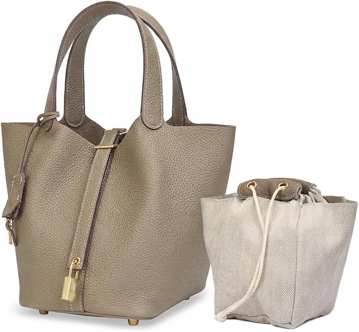 Genuine Leather Lock Design Bucket Bag for Women, Vegetable Basket Fashionable Versatile Handbag (Grey) - Image 2