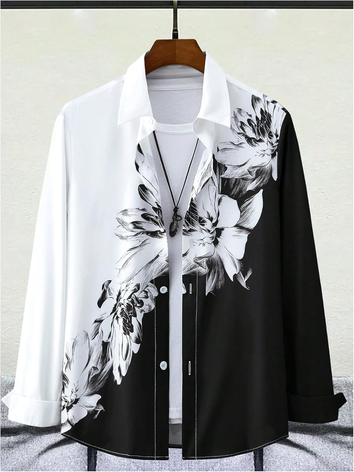 Men's Floral Print Button Down Shirts Long Sleeve Colorblock Collared Shirt Tops - Image 5