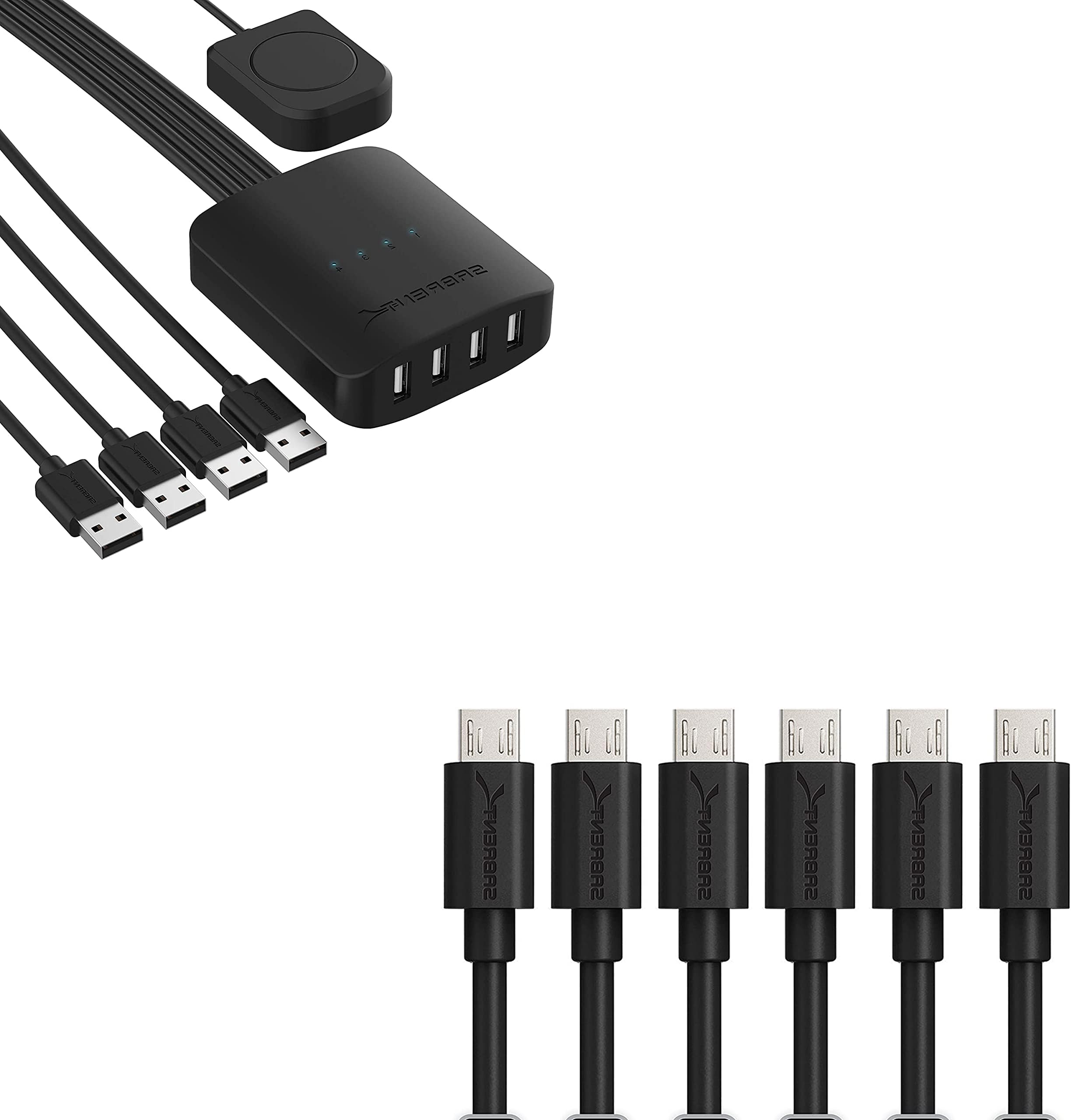 USB 2.0 Sharing Switch up to 4 Computers and peripherals led Device Indicators + [6-Pack] 22awg Premium 3ft Micro USB Cables high Speed USB 2.0 a