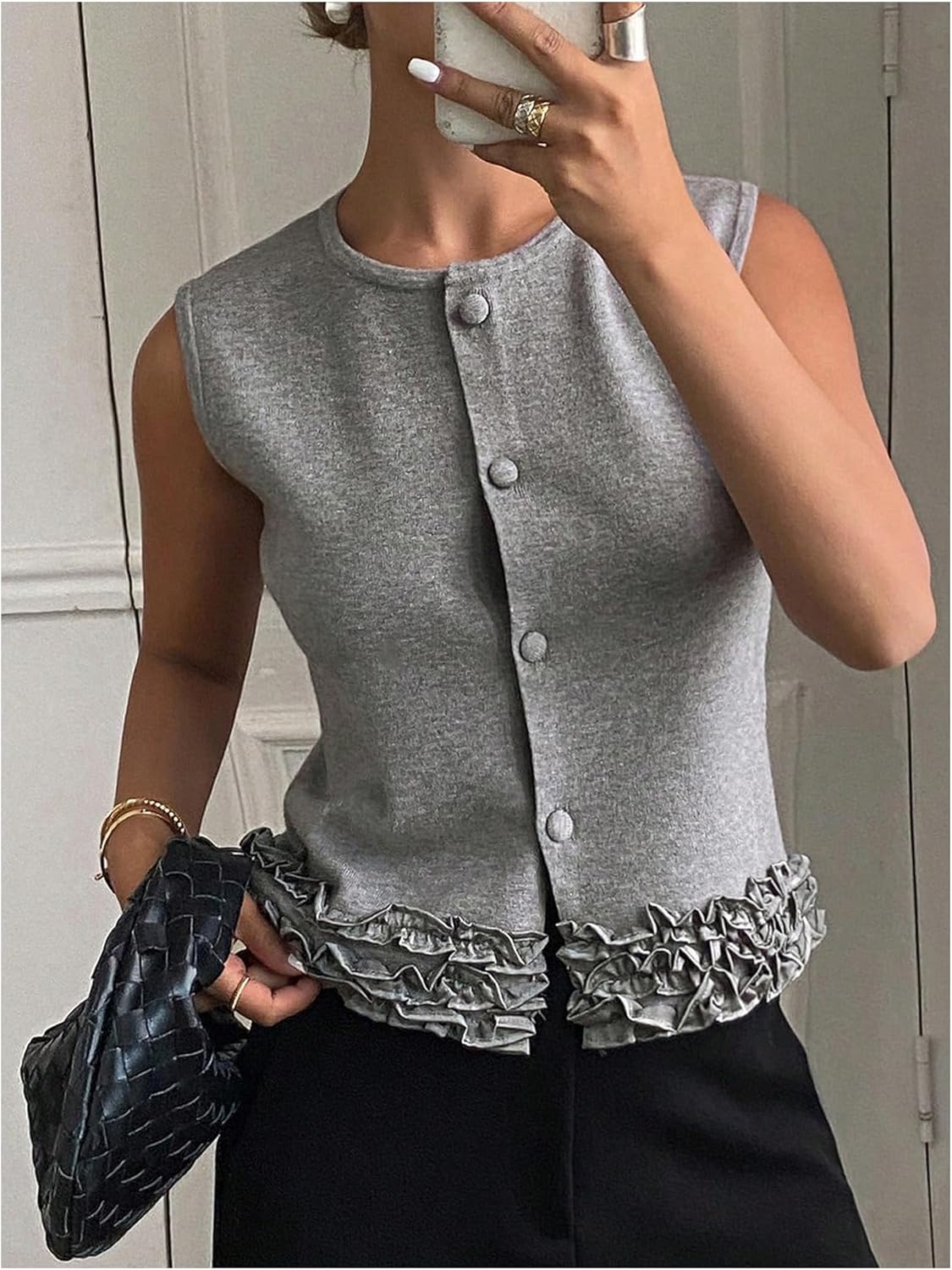 SweatyRocks Women's Button Up Sweater Vest Crewneck Sleeveless Frill Trim Knit Tank Tops - Image 2