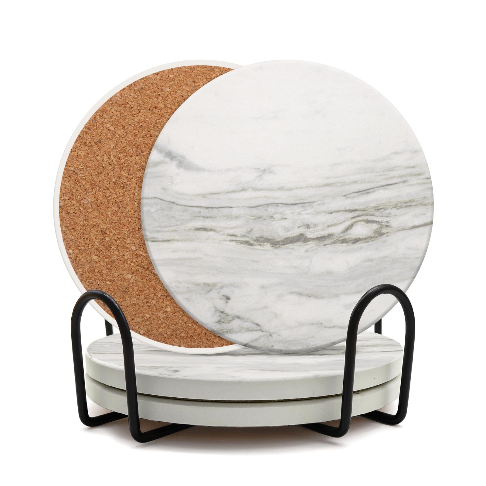 Coaster Set of 4, Drink Coasters with Holder, Absorbent Ceramic Coasters for Dining Table, 4 Inch Round Coasters Set for Drinks, Cup Coaster for Home Decor, Housewarming Gift, (R&D)