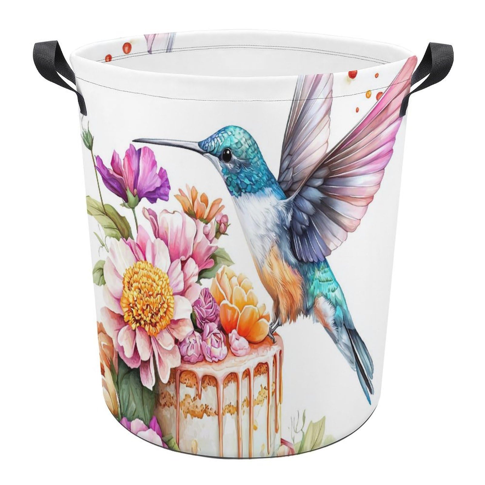 Cesta para la colada redonda de colibrí vintage y flores cubo de ropa sucia para baño de 34x42 cm