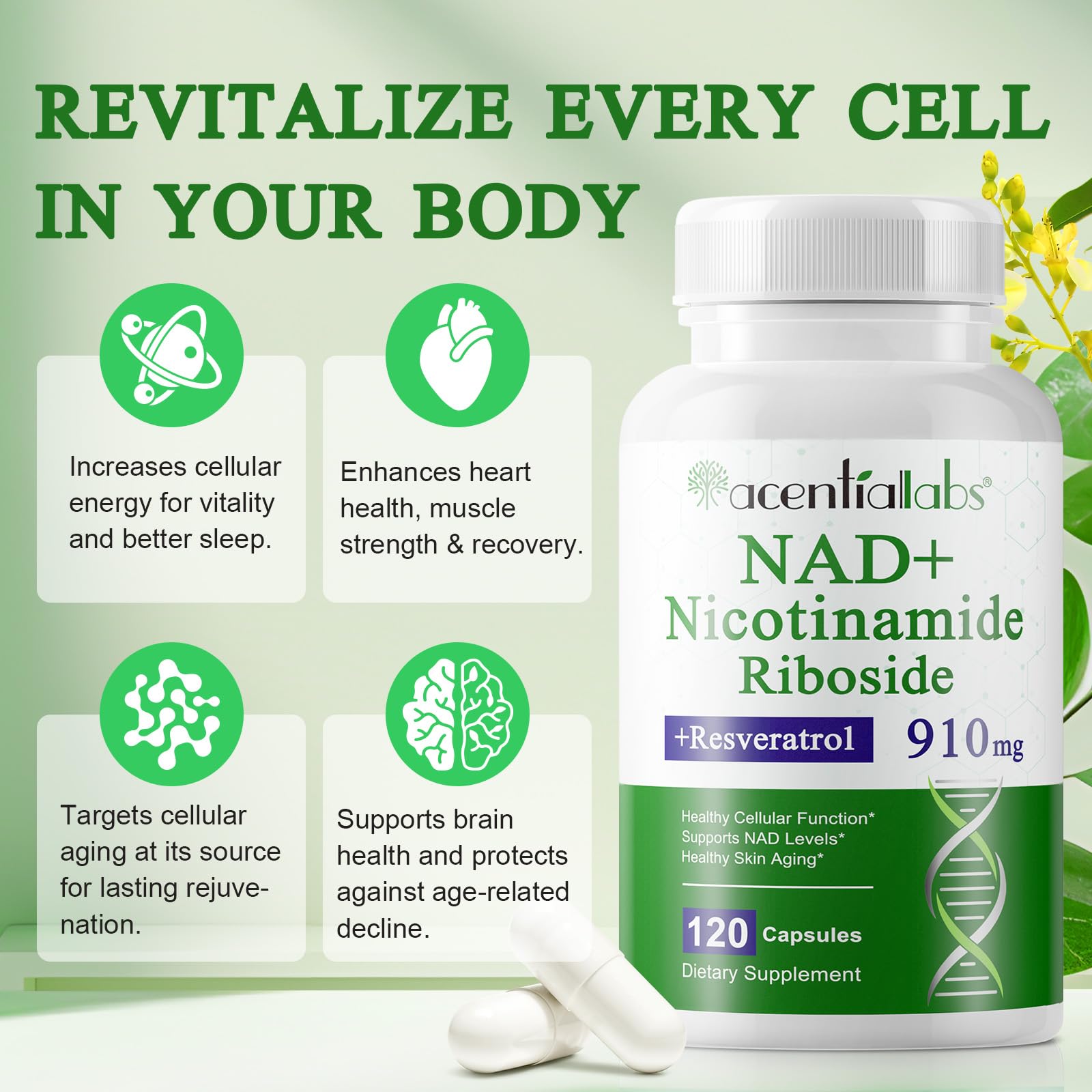 NAD+ Supplemento, 910 mg de NAD+ liposomal for women and men, nicotinamida ribósido, resveratrol, quercetina, suplemento de resveratrol NAD for antienvejecimiento, 120 cápsulas