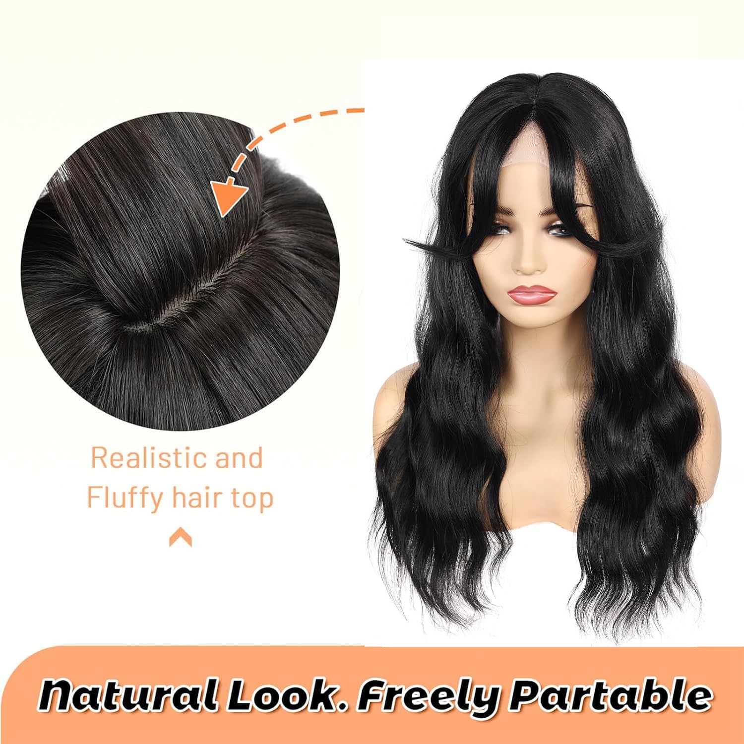 Hair Toppers for Women 20inch Wavy Toppers Hairpieces for Women with Thinning Hair Ombre Highlight Synthetic Wig Clip In Topper Wiglets with Fringe Bang (Black, 20inch)