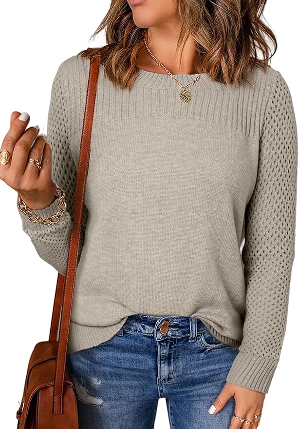 EVALESS Women's Casual Long Sleeve Crewneck Cable Knit Sweater